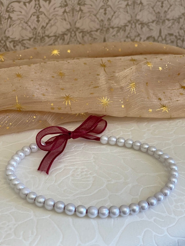 Handmade Historically Inspired Pearl Beaded Ribbon Choker Necklace