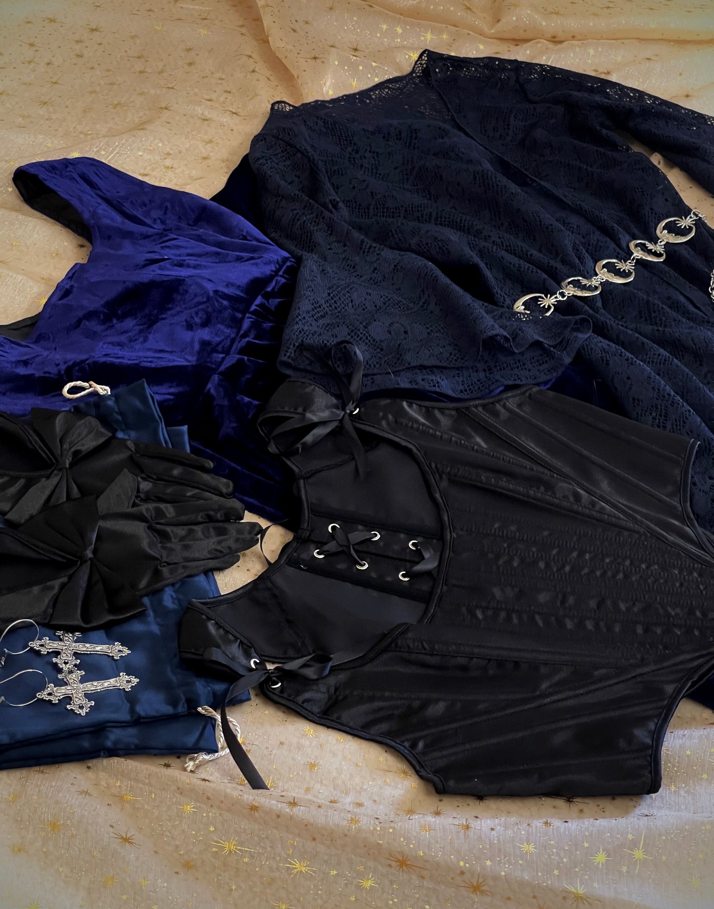 Detail of a historical fashion clothing and accessories style bundle mystery bag, including medieval, renaissance, baroque, tudor, rococo, regency, Victorian, Edwardian and fantasy styles.