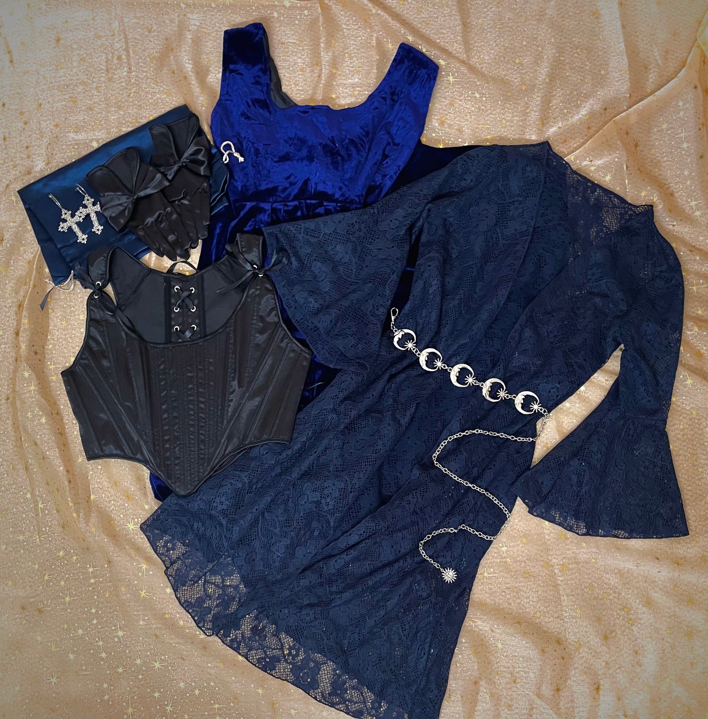 Detail of a historical fashion clothing and accessories style bundle mystery bag, including medieval, renaissance, baroque, tudor, rococo, regency, Victorian, Edwardian and fantasy styles.