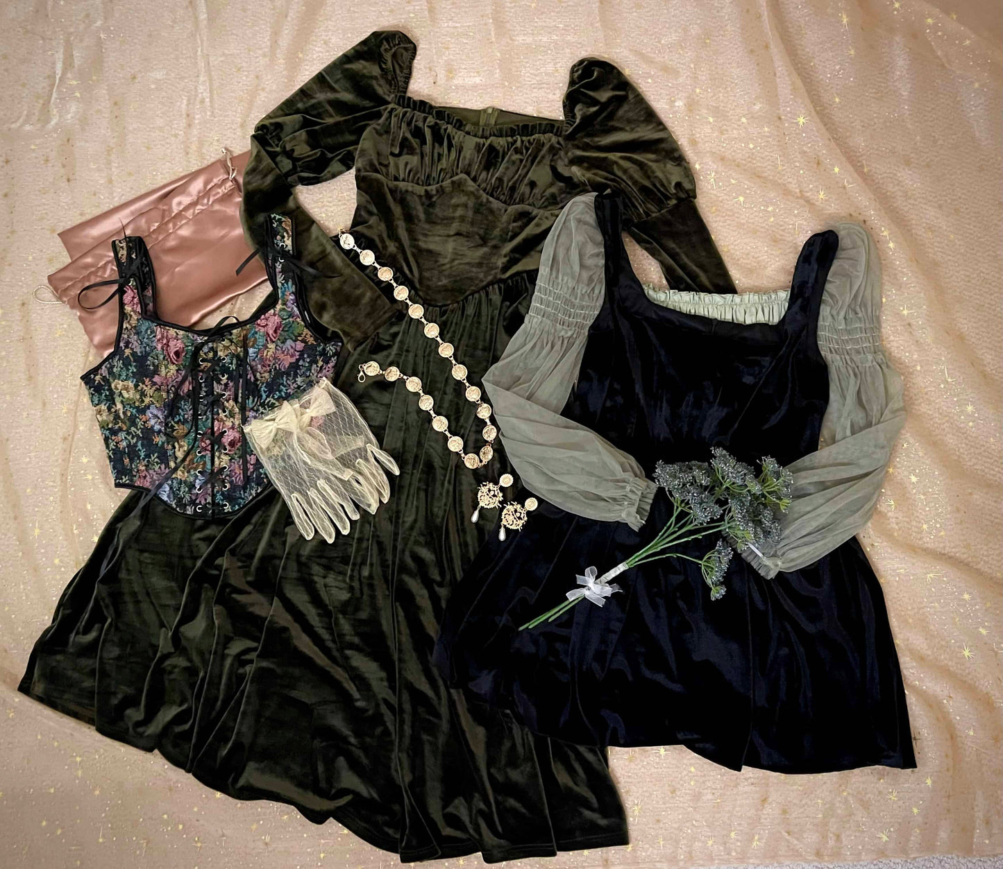 Example of a historical fashion clothing and accessories style bundle mystery bag, including medieval, renaissance, baroque, tudor, rococo, regency, Victorian, Edwardian and fantasy styles.