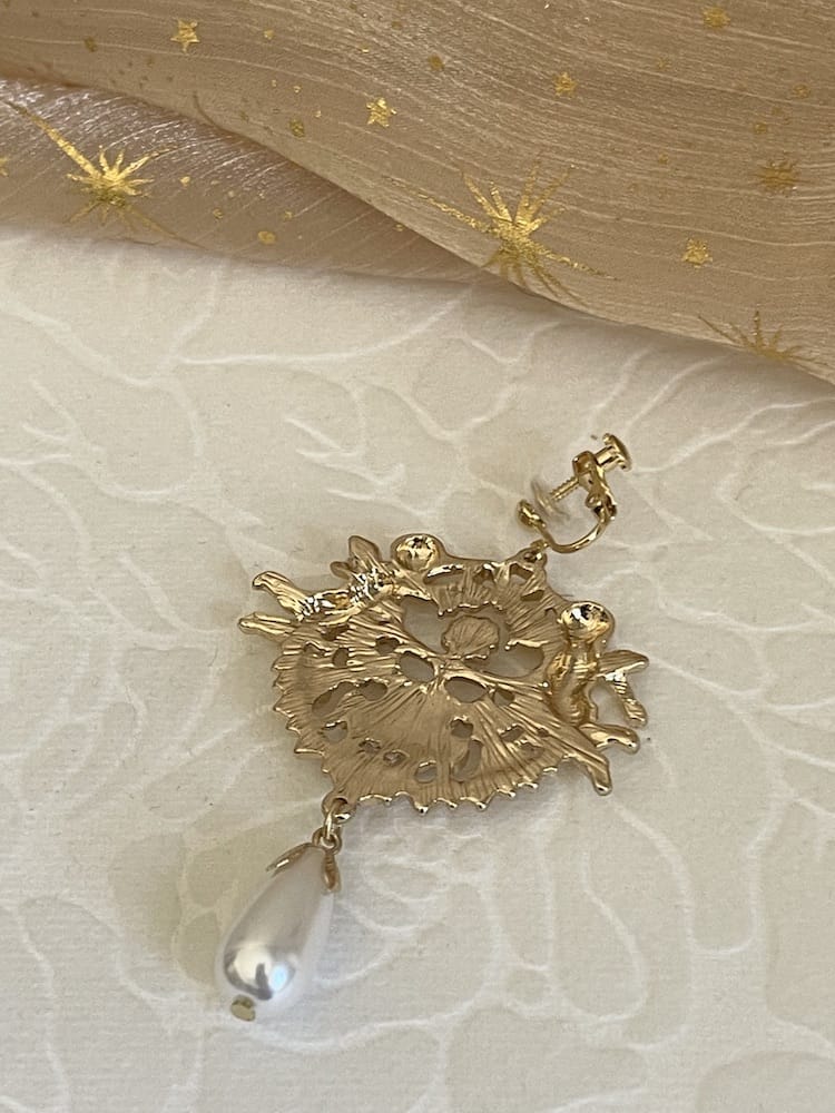 Historically inspired art history Renaissance Baroque Rococo angel sculpture filigree dangle earrings with pearl accents, clip on and regular, in gold.