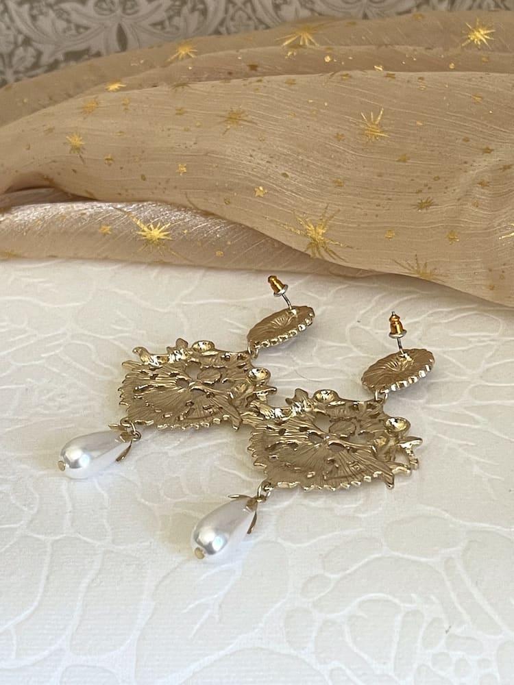 Historically inspired art history Renaissance Baroque Rococo angel sculpture filigree dangle earrings with pearl accents, clip on and regular, in gold.