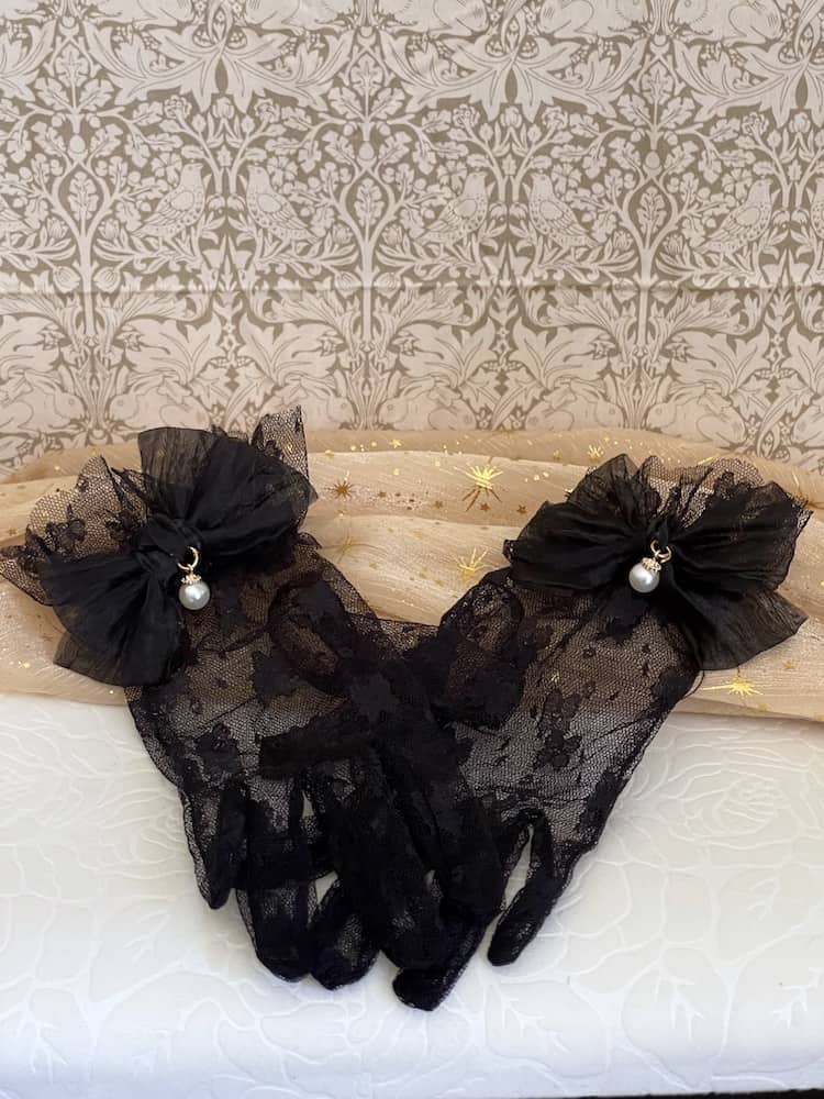 Historically Inspired Regency and Victorian era Floral Lace Gloves with Bow & Pearl Details in Black.