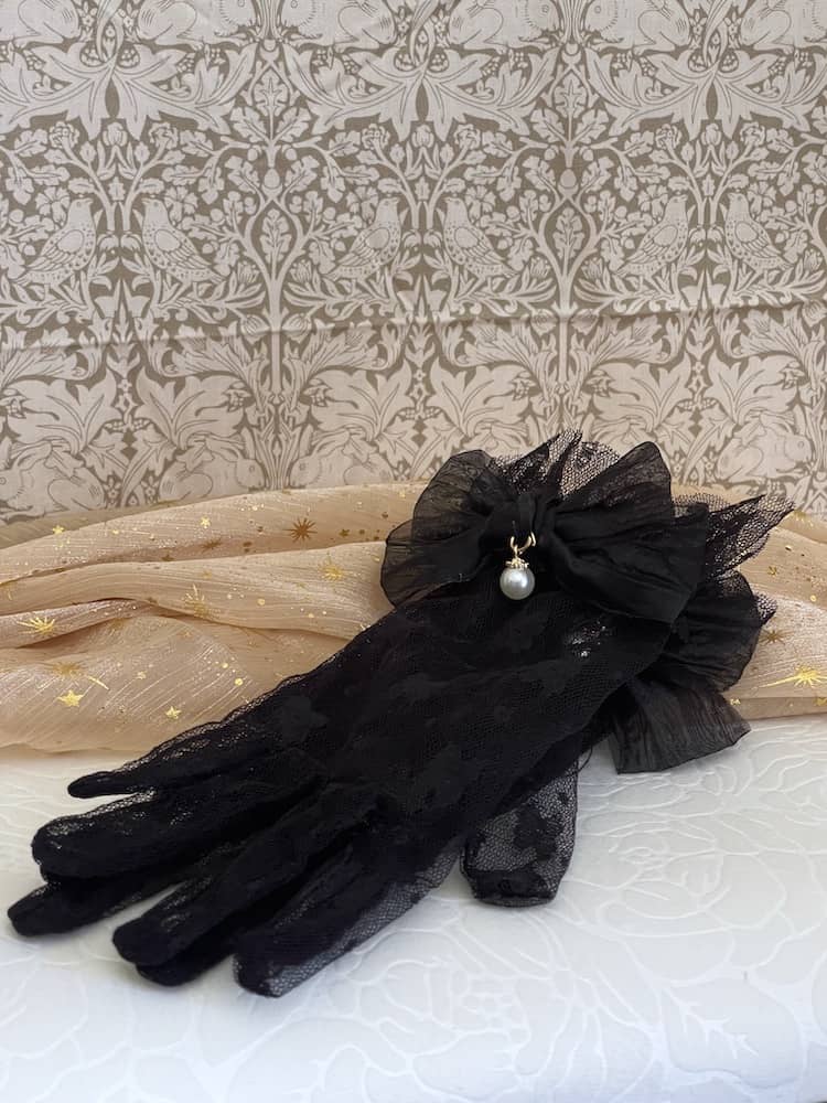 Historically Inspired Regency and Victorian era Floral Lace Gloves with Bow & Pearl Details in Black.