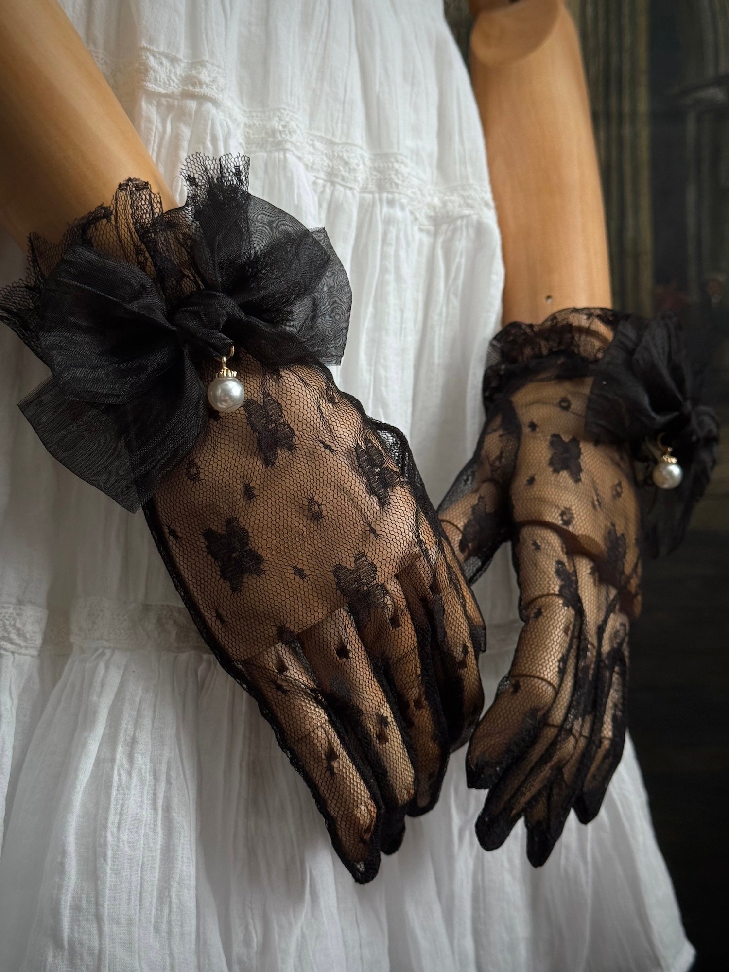 Historically Inspired Lace Gloves with Bow & Pearl Details in Black