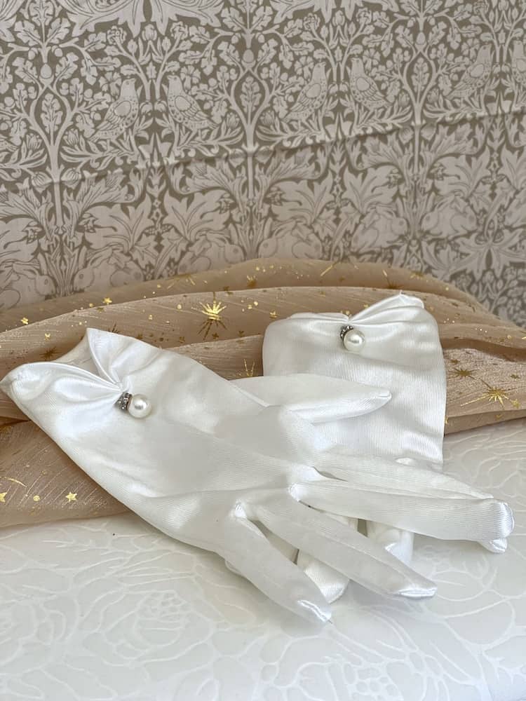 A Pair of Historically Inspired Regency era, baroque, rococo, and renaissance Satin Gloves with Pearl Detail in White.