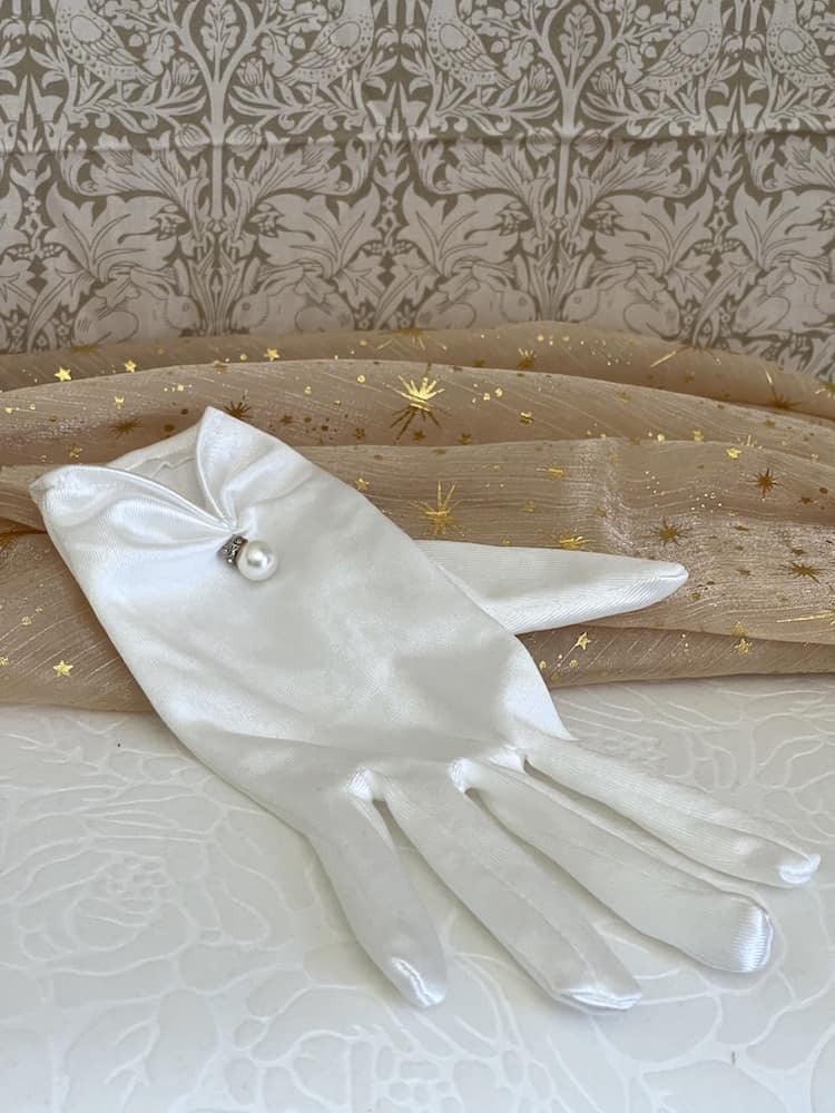A Pair of Historically Inspired Regency era, baroque, rococo, and renaissance Satin Gloves with Pearl Detail in White.