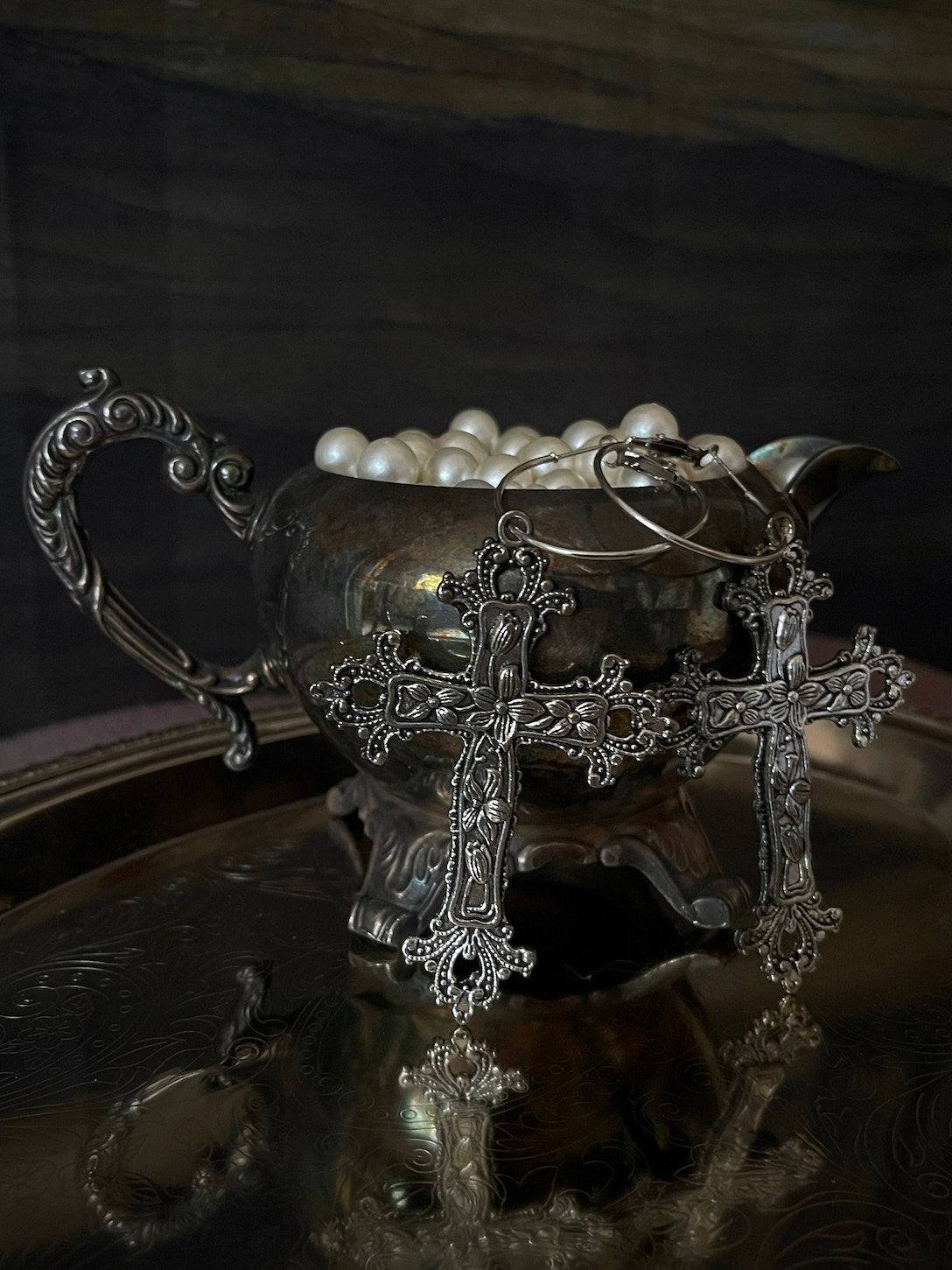 Historically inspired medieval renaissance baroque victorian large ornate metal cross earrings in silver. Floral design.