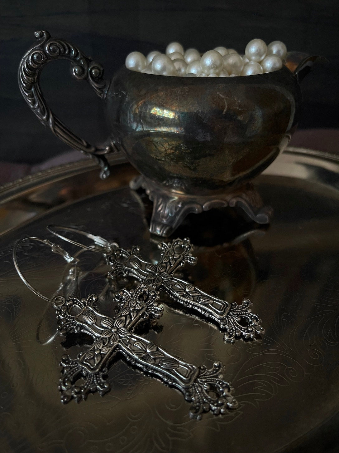 Historically inspired medieval renaissance baroque victorian large ornate metal cross earrings in silver. Floral design.