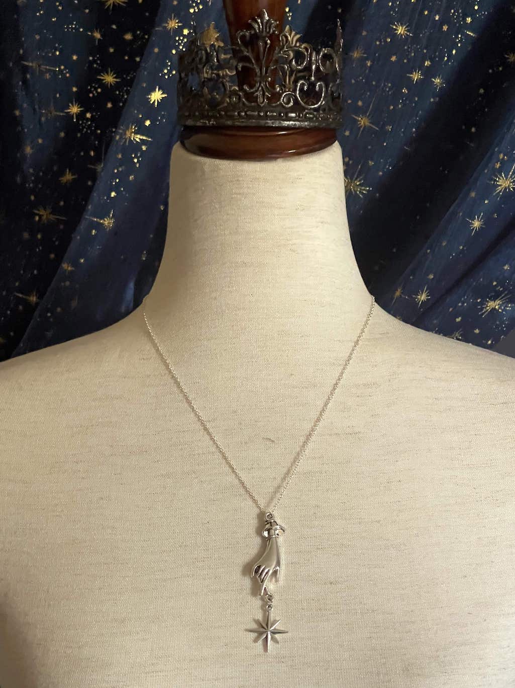A Historically Inspired Medieval and Victorian Style Whimsical Hand Pendant Necklace with north star pendant dangle in Silver