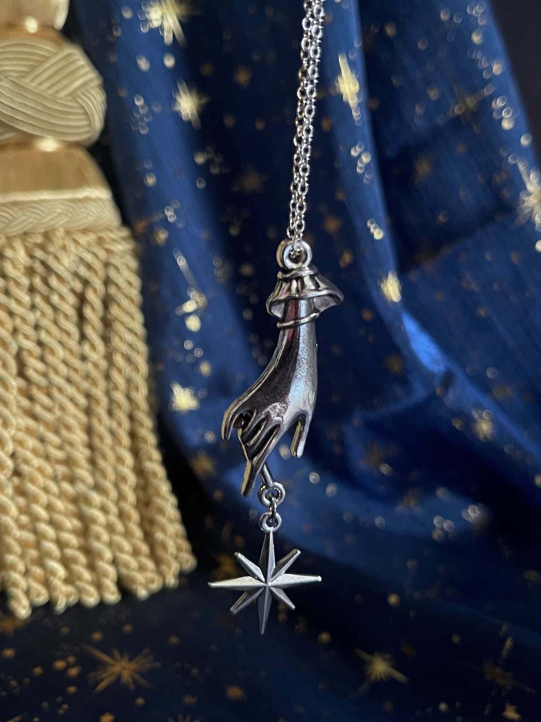 A Historically Inspired Medieval and Victorian Style Whimsical Hand Pendant Necklace with north star pendant dangle in Silver