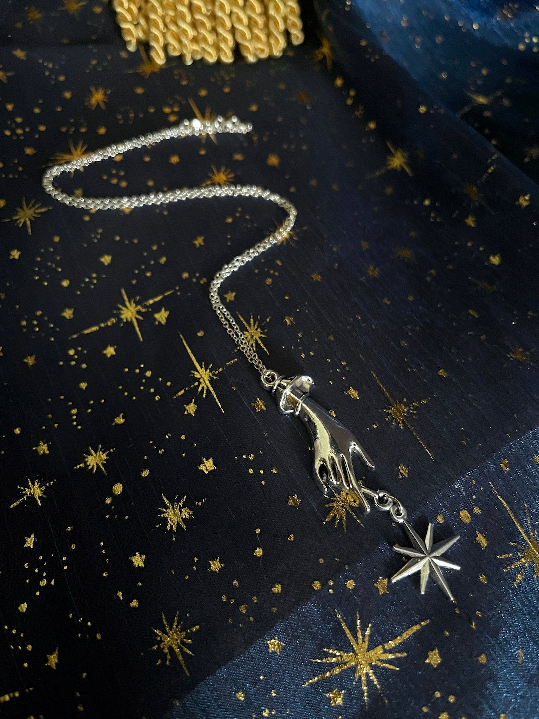A Historically Inspired Medieval and Victorian Style Whimsical Hand Pendant Necklace with north star pendant dangle in Silver