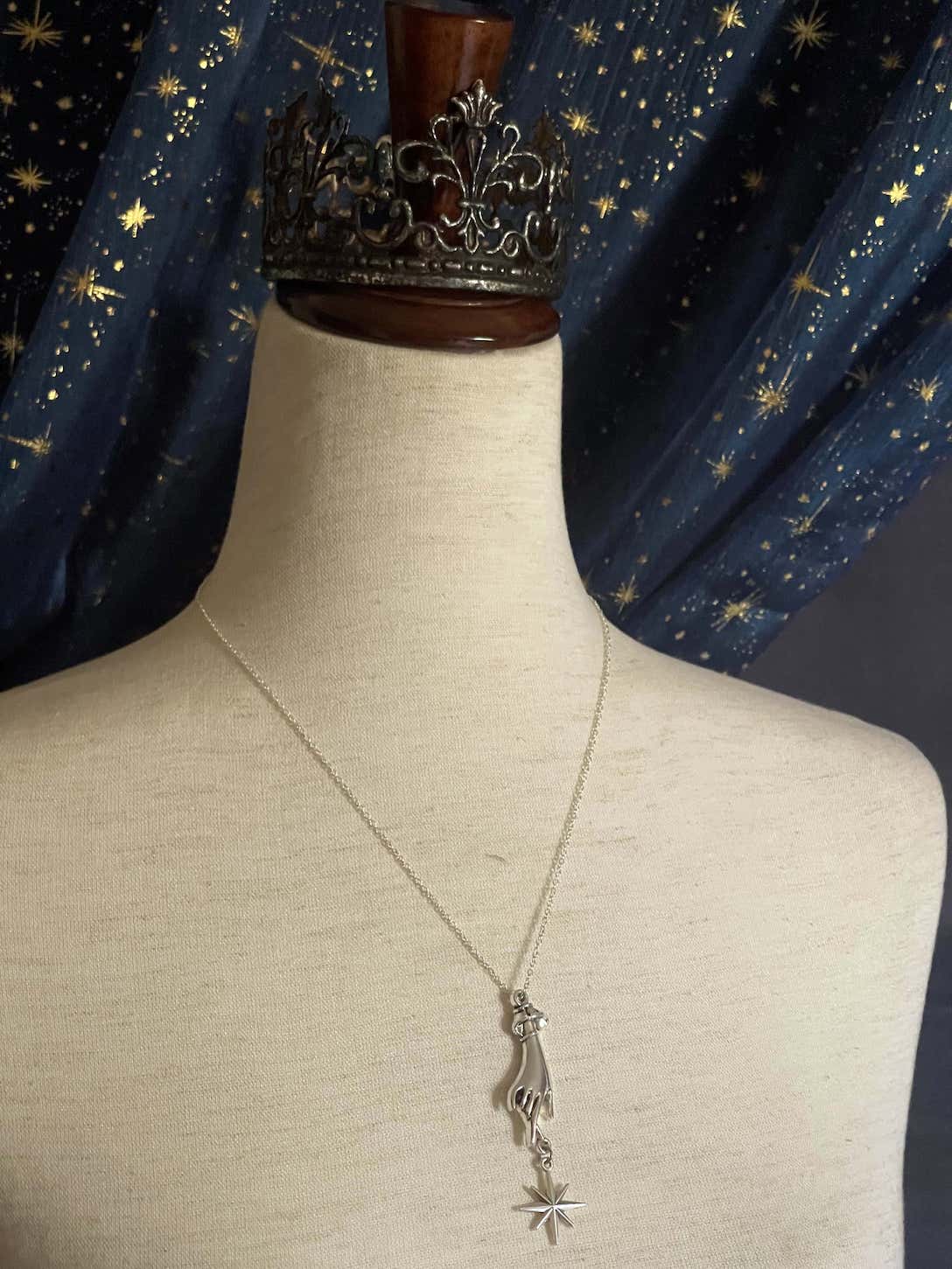A Historically Inspired Medieval and Victorian Style Whimsical Hand Pendant Necklace with north star pendant dangle in Silver