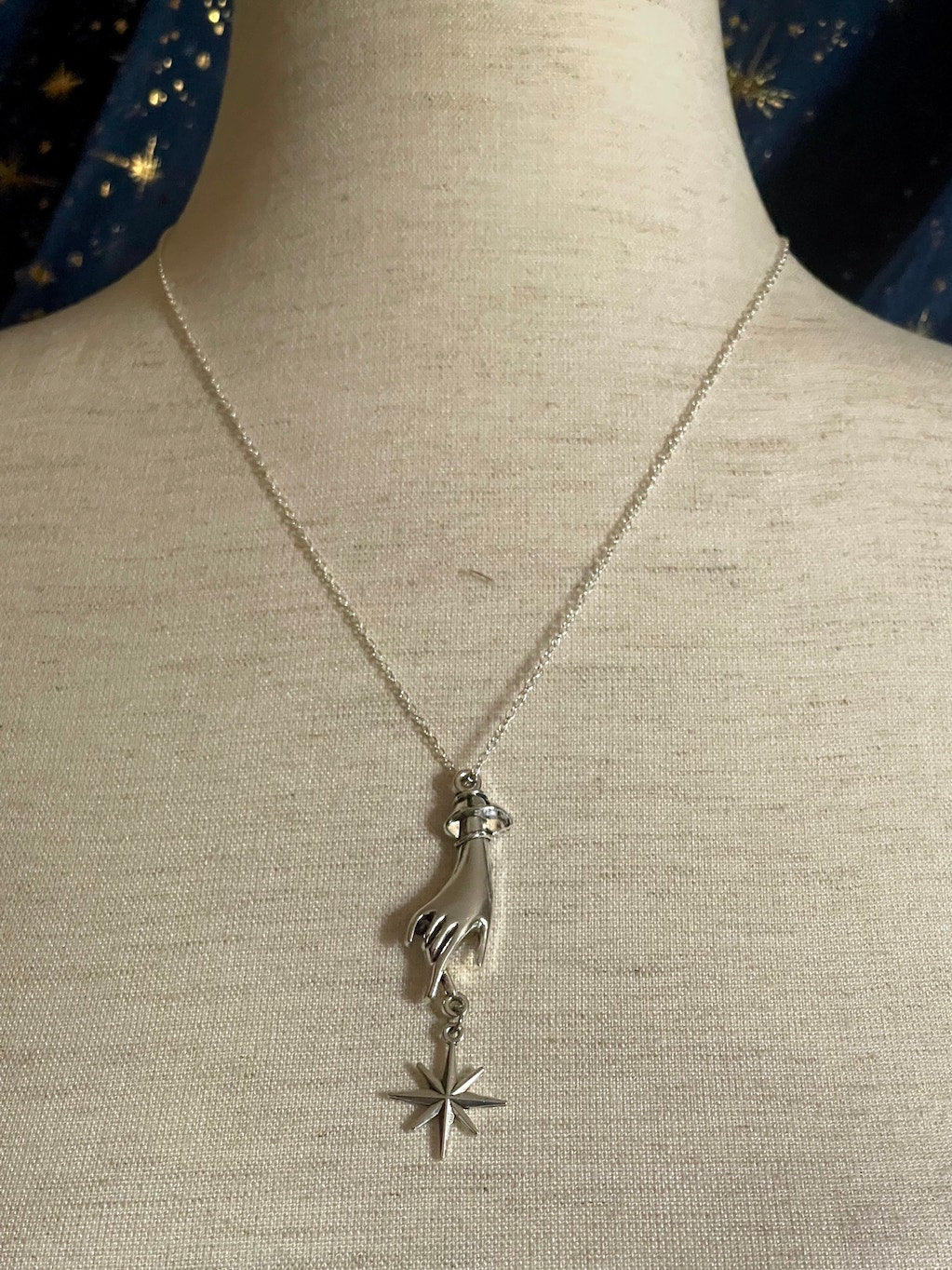 A Historically Inspired Medieval and Victorian Style Whimsical Hand Pendant Necklace with north star pendant dangle in Silver