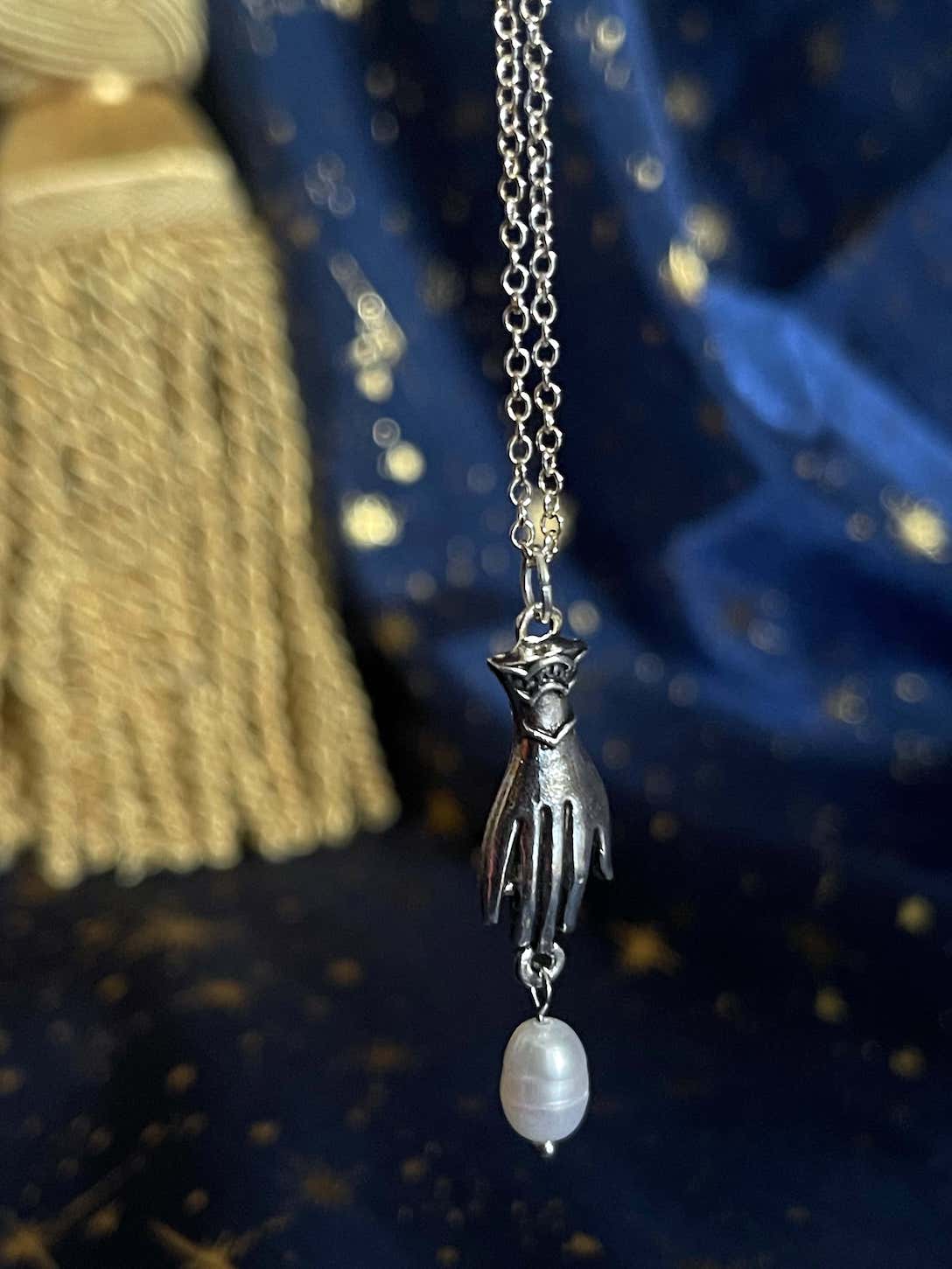 A Historically Inspired Medieval and Victorian Style Whimsical Hand Pendant Necklace with Freshwater Pearl Drop in Silver