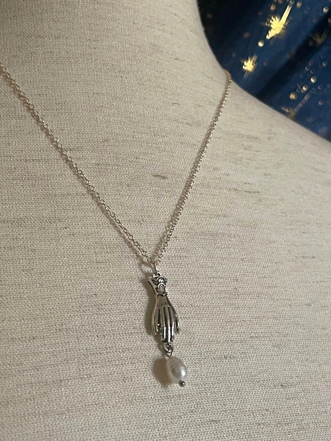 A Historically Inspired Medieval and Victorian Style Whimsical Hand Pendant Necklace with Freshwater Pearl Drop in Silver