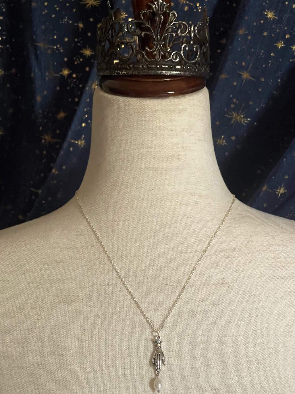 A Historically Inspired Medieval and Victorian Style Whimsical Hand Pendant Necklace with Freshwater Pearl Drop in Silver