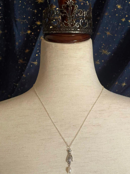 A Historically Inspired Medieval and Victorian Style Whimsical Hand Pendant Necklace with Freshwater Pearl Drop in Silver