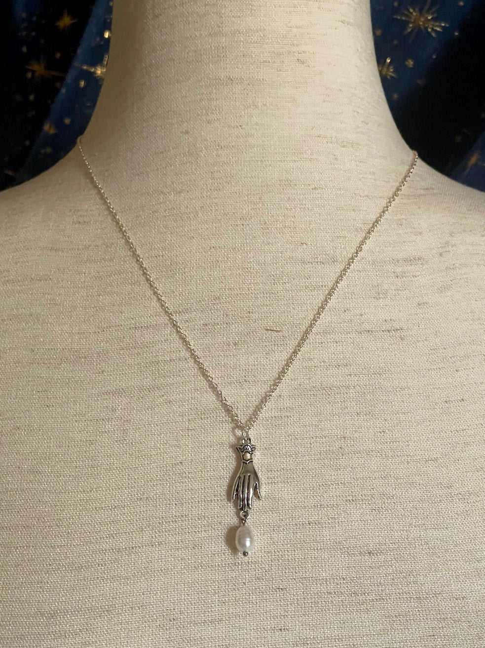 A Historically Inspired Medieval and Victorian Style Whimsical Hand Pendant Necklace with Freshwater Pearl Drop in Silver
