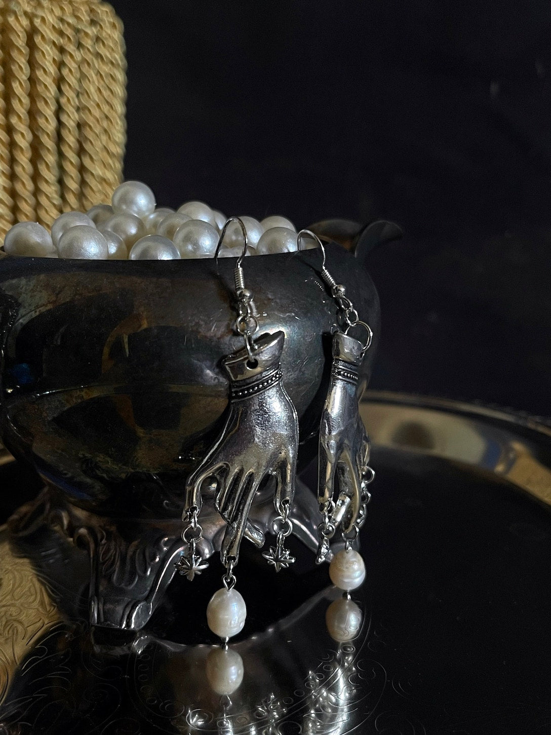 A Handmade pair of Historically Inspired Medieval Hand Pendant earrings with Real Baroque Pearl Dangles and Celestial Star Charms in Silver.