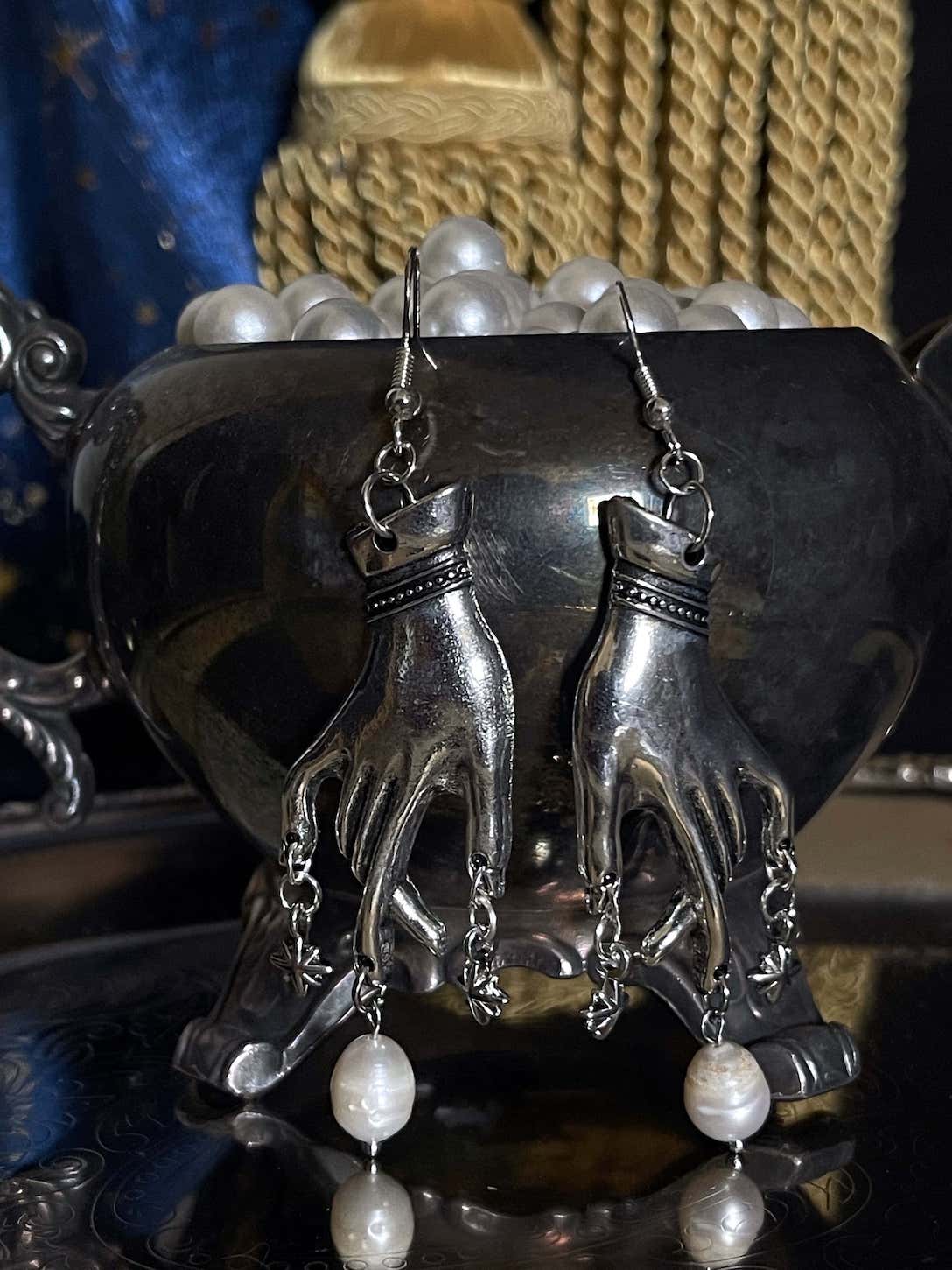 A Handmade pair of Historically Inspired Medieval Hand Pendant earrings with Real Baroque Pearl Dangles and Celestial Star Charms in Silver.
