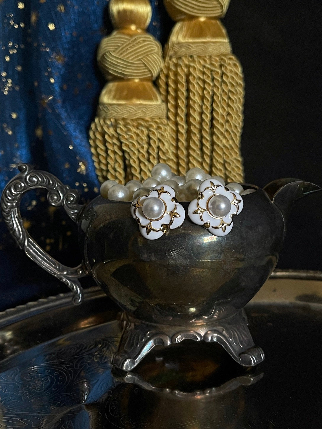 Medieval & Renaissance Inspired Quatrefoil Earrings in White Enamel with Pearl Detail and Gold Decoration