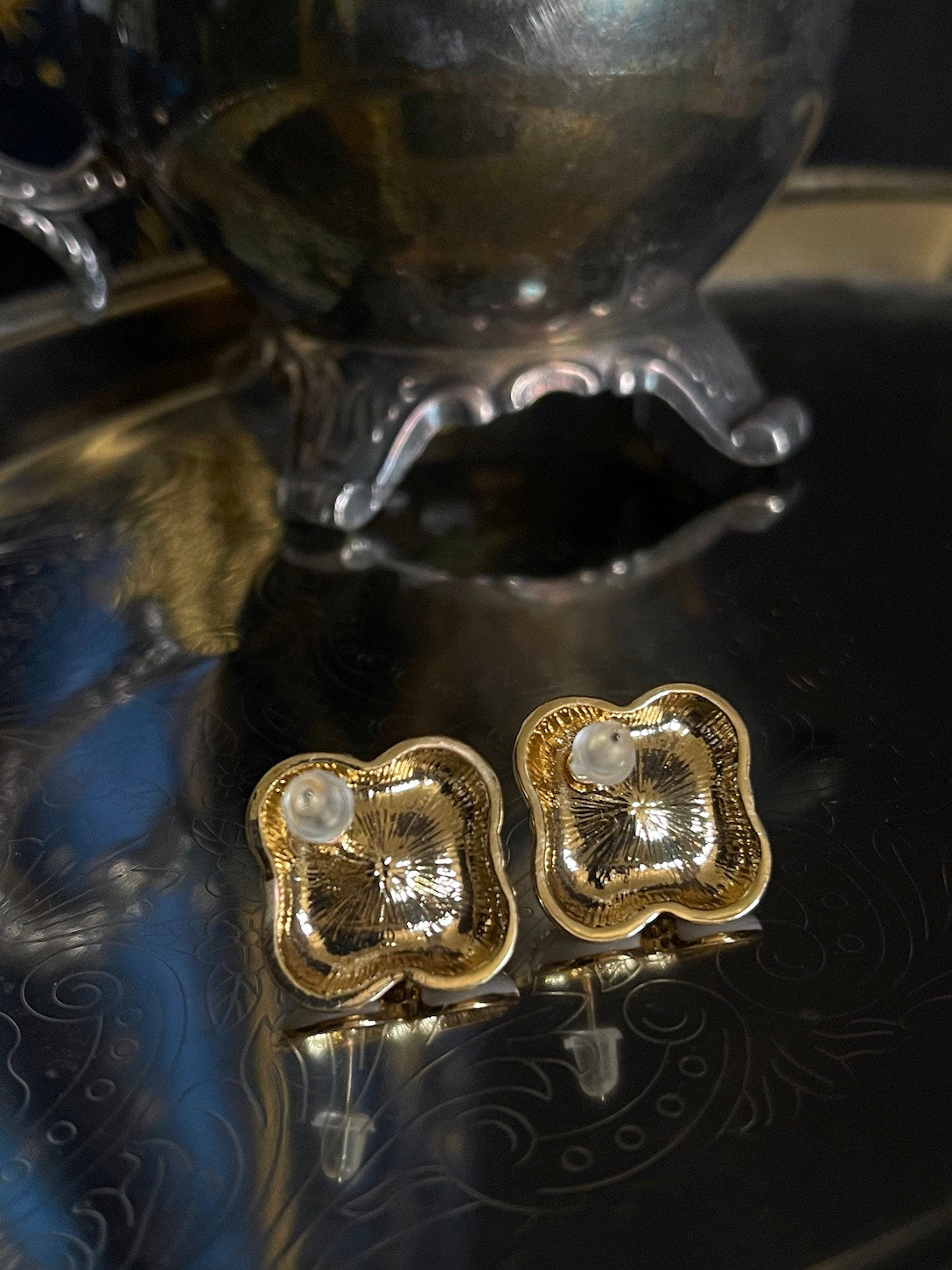 Medieval & Renaissance Inspired Quatrefoil Earrings in White Enamel with Pearl Detail and Gold Decoration