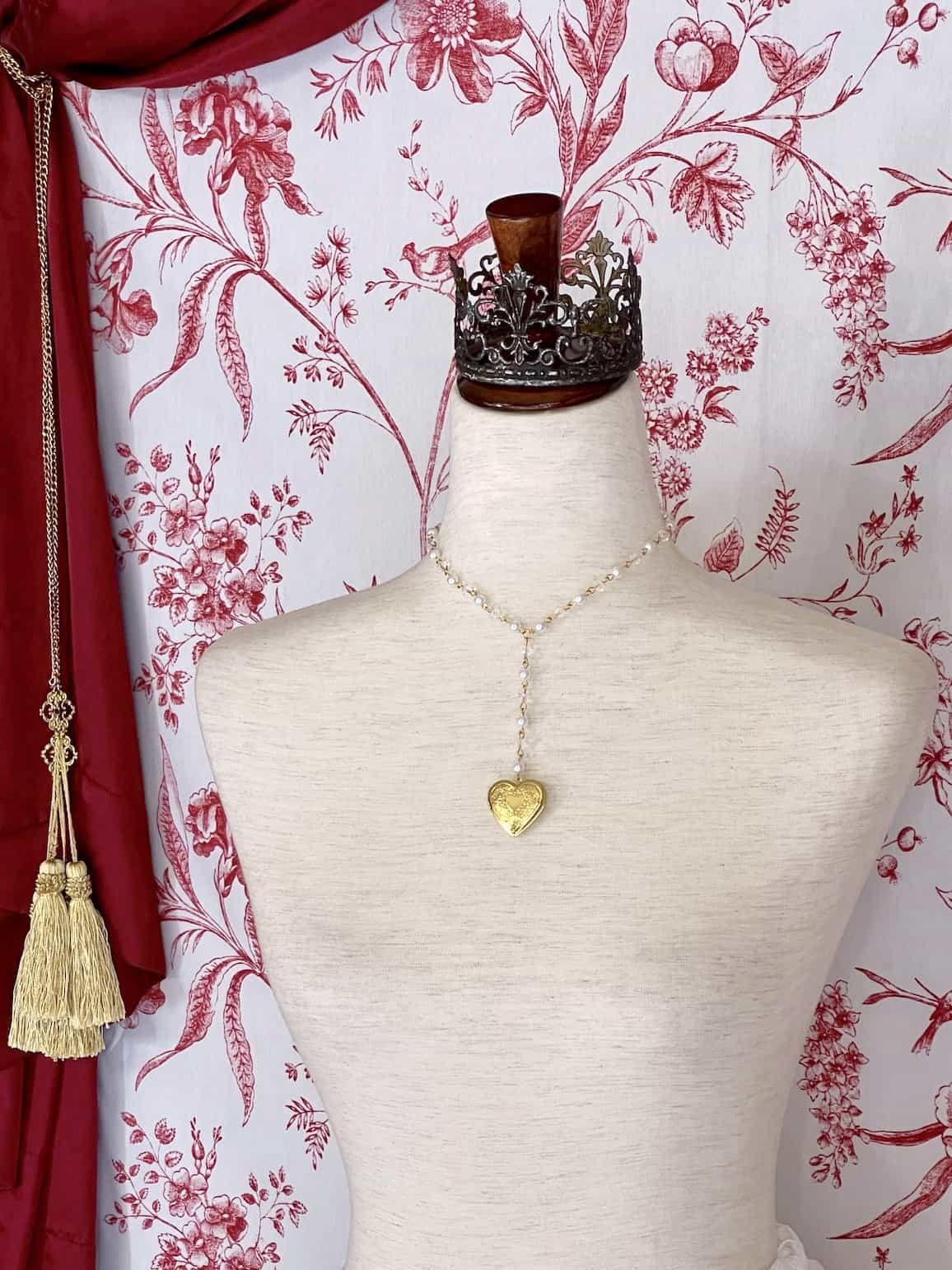 A Historically Inspired Romantic Era Heart Shaped Locket Necklace in Gold with pearl chain. Regency, Rococo, Victorian, Edwardian era jewelry.