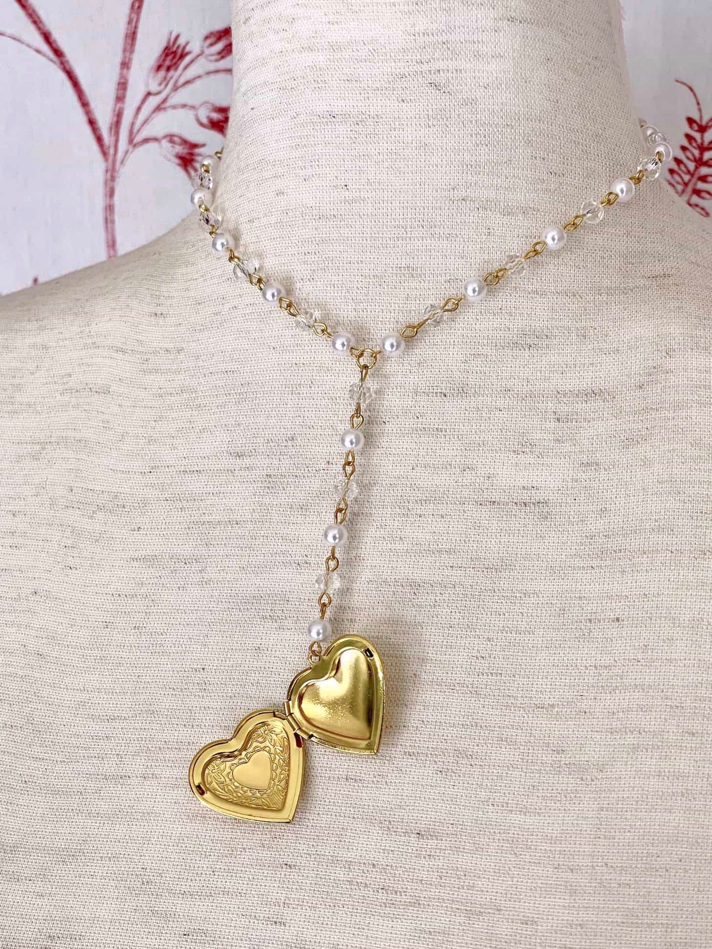 A Historically Inspired Romantic Era Heart Shaped Locket Necklace in Gold with pearl chain. Regency, Rococo, Victorian, Edwardian era jewelry.