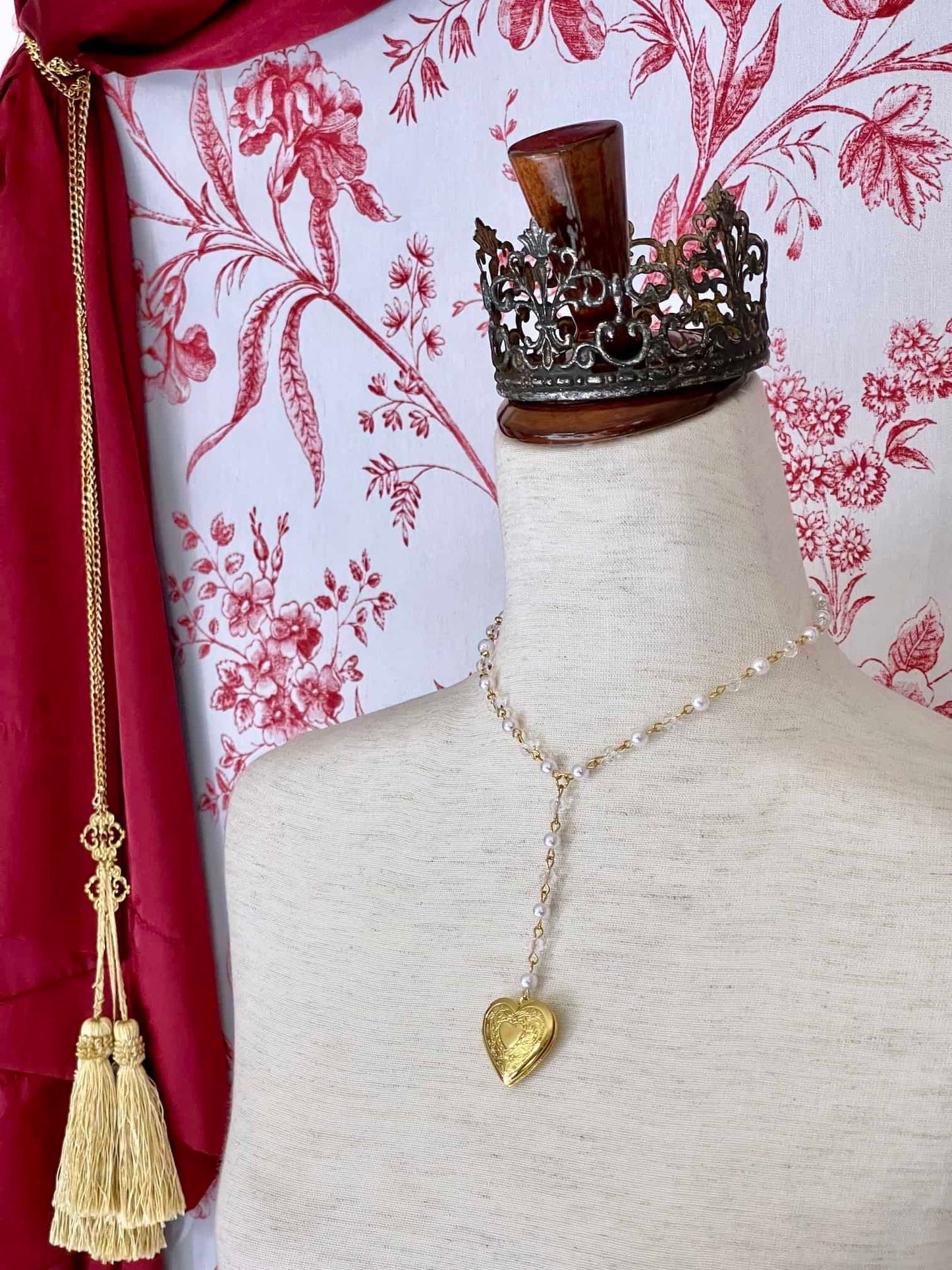 A Historically Inspired Romantic Era Heart Shaped Locket Necklace in Gold with pearl chain. Regency, Rococo, Victorian, Edwardian era jewelry.