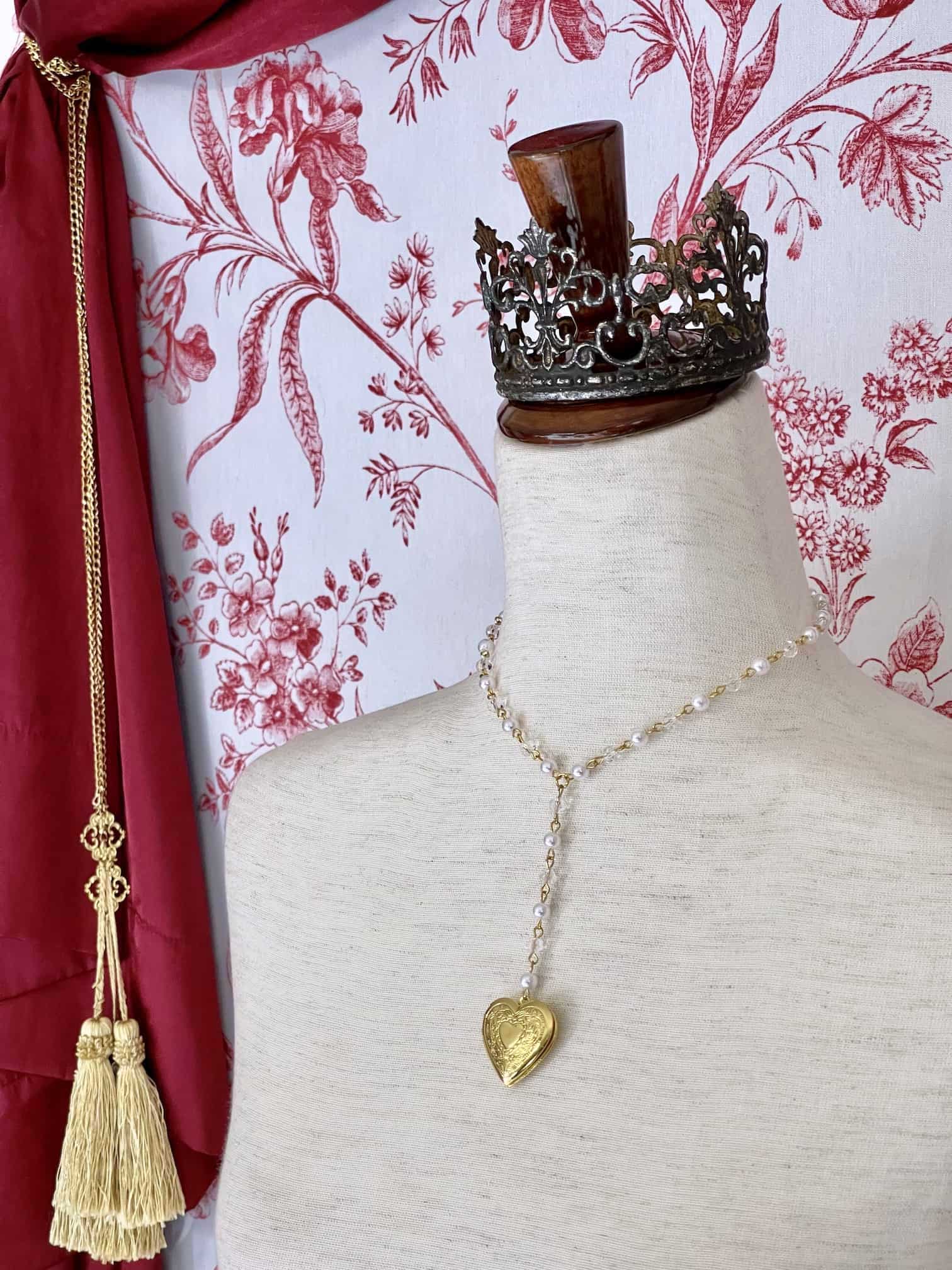 A Historically Inspired Romantic Era Heart Shaped Locket Necklace in Gold with pearl chain. Regency, Rococo, Victorian, Edwardian era jewelry.