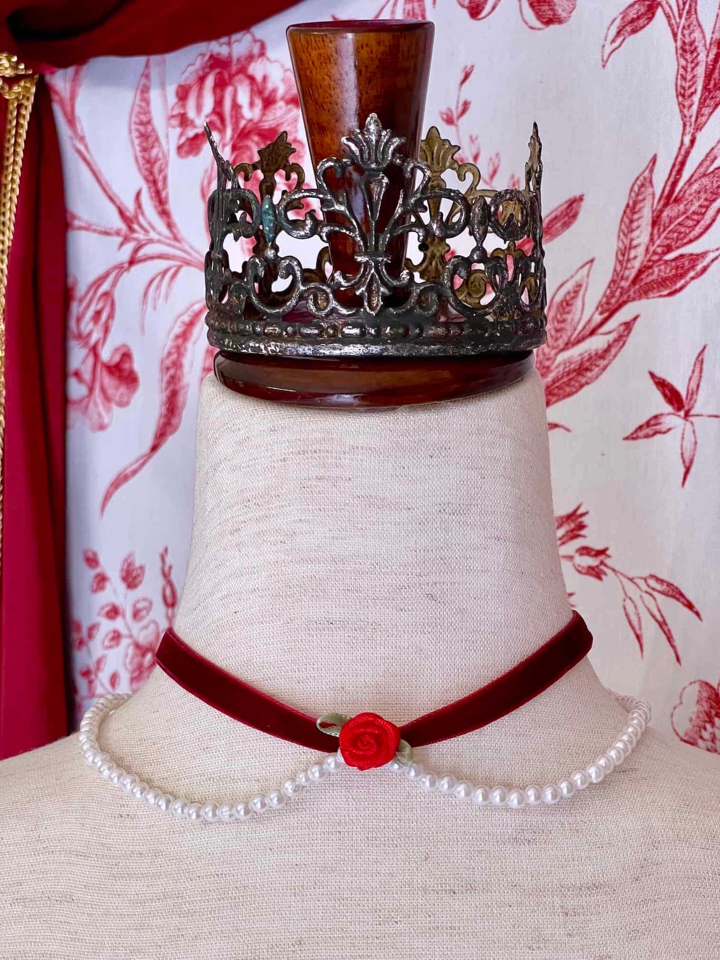 A Handmade Historically Inspired Velvet Ribbon Pearl Choker Necklace in Burgundy, fit for Renaissance, Baroque, Rococo, Regency, Victorian, or Edwardian outfits..