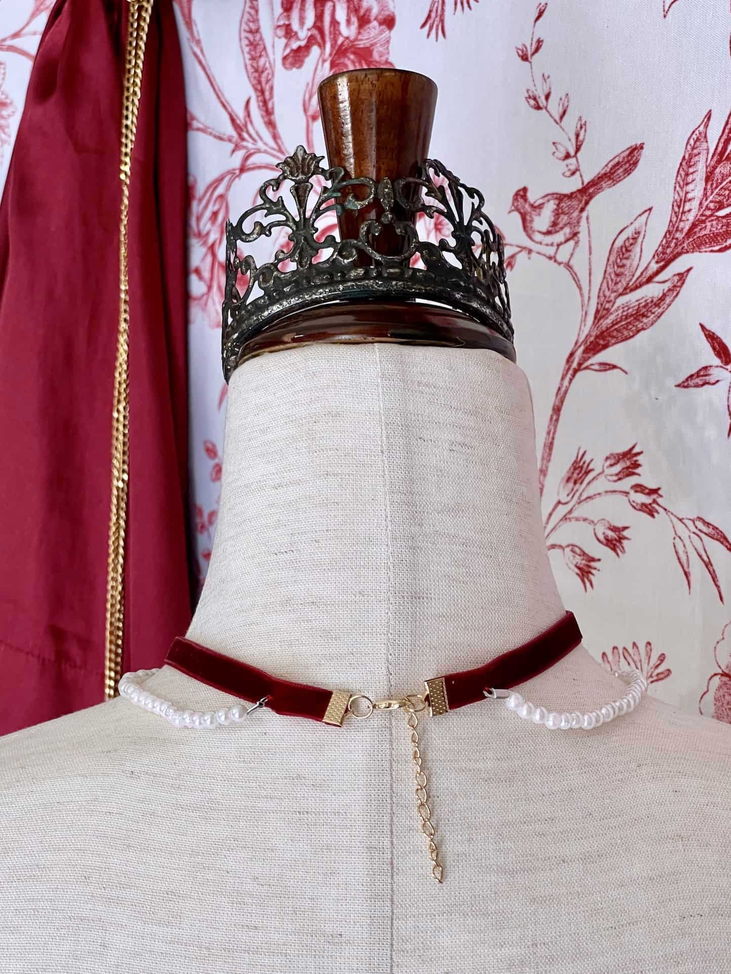 A Handmade Historically Inspired Velvet Ribbon Pearl Choker Necklace in Burgundy, fit for Renaissance, Baroque, Rococo, Regency, Victorian, or Edwardian outfits..