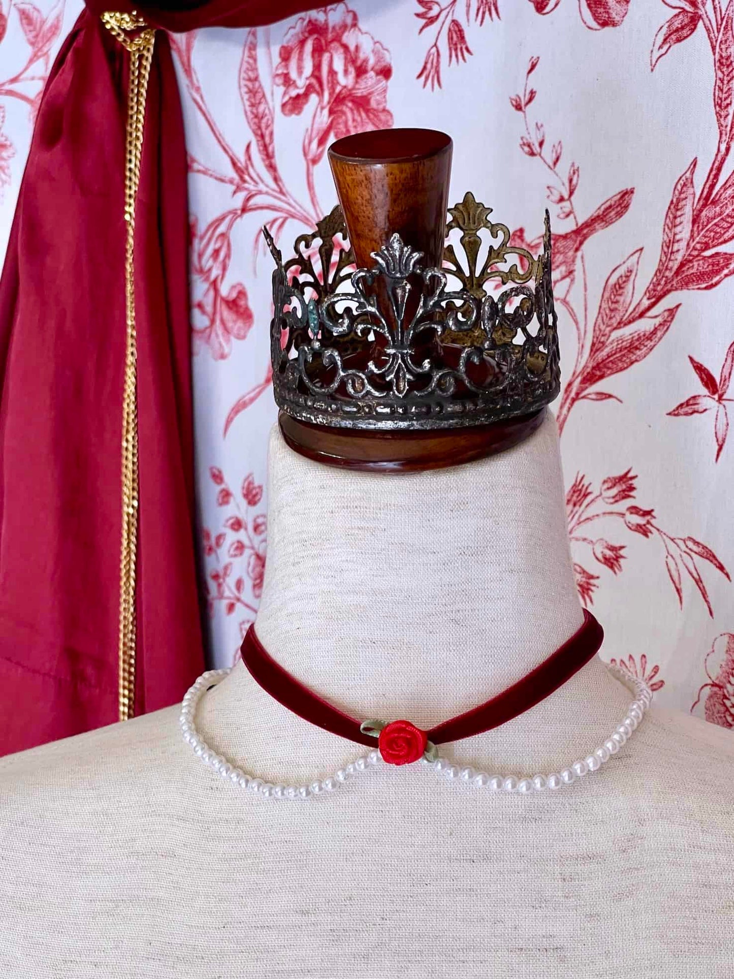 A Handmade Historically Inspired Velvet Ribbon Pearl Choker Necklace in Burgundy, fit for Renaissance, Baroque, Rococo, Regency, Victorian, or Edwardian outfits..