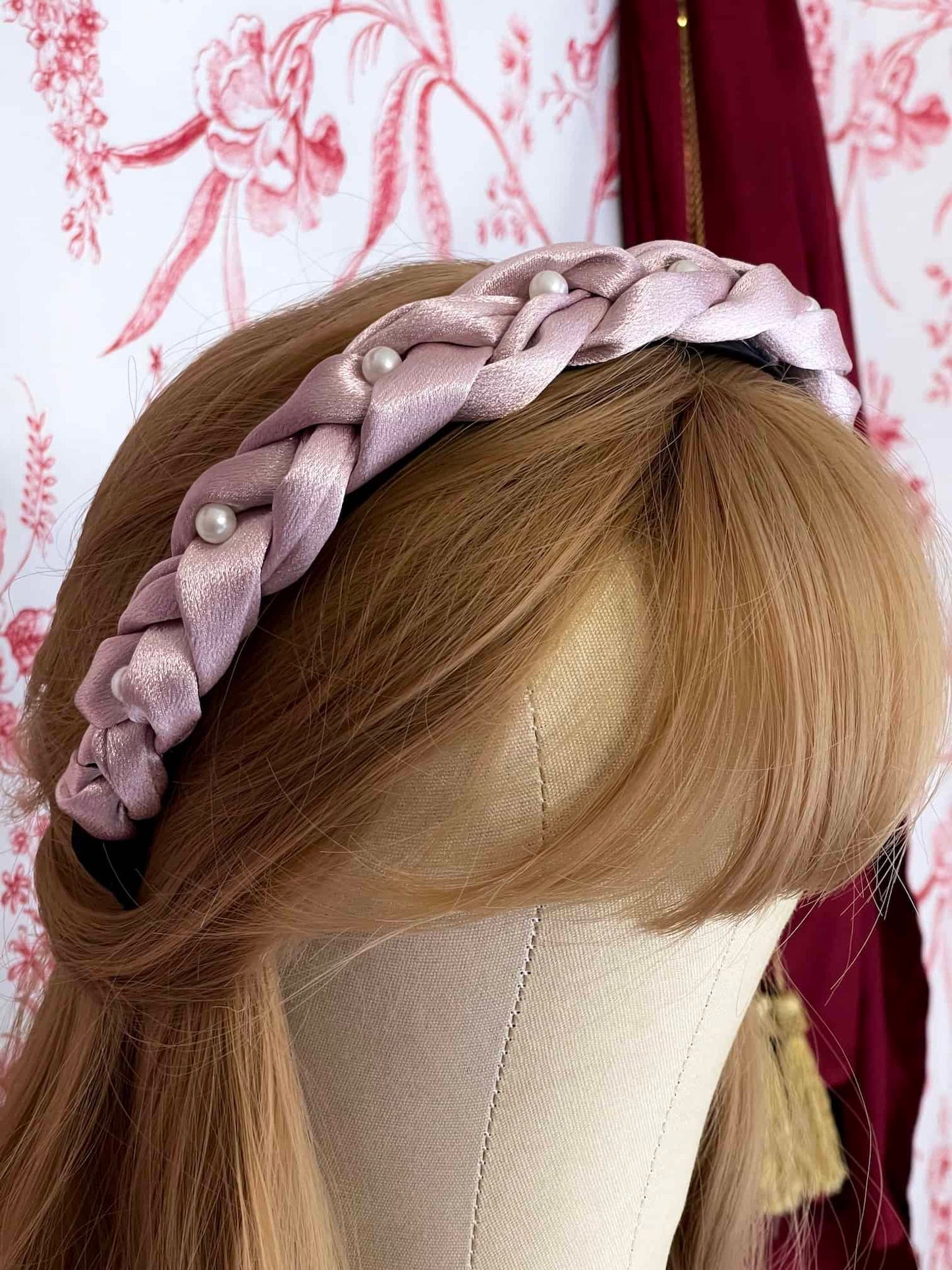 Historically Inspired Braided Satin Pearl Headband in Mauve for Edwardian, Victorian, Rococo, Regency, Baroque, and Renaissance fashion.