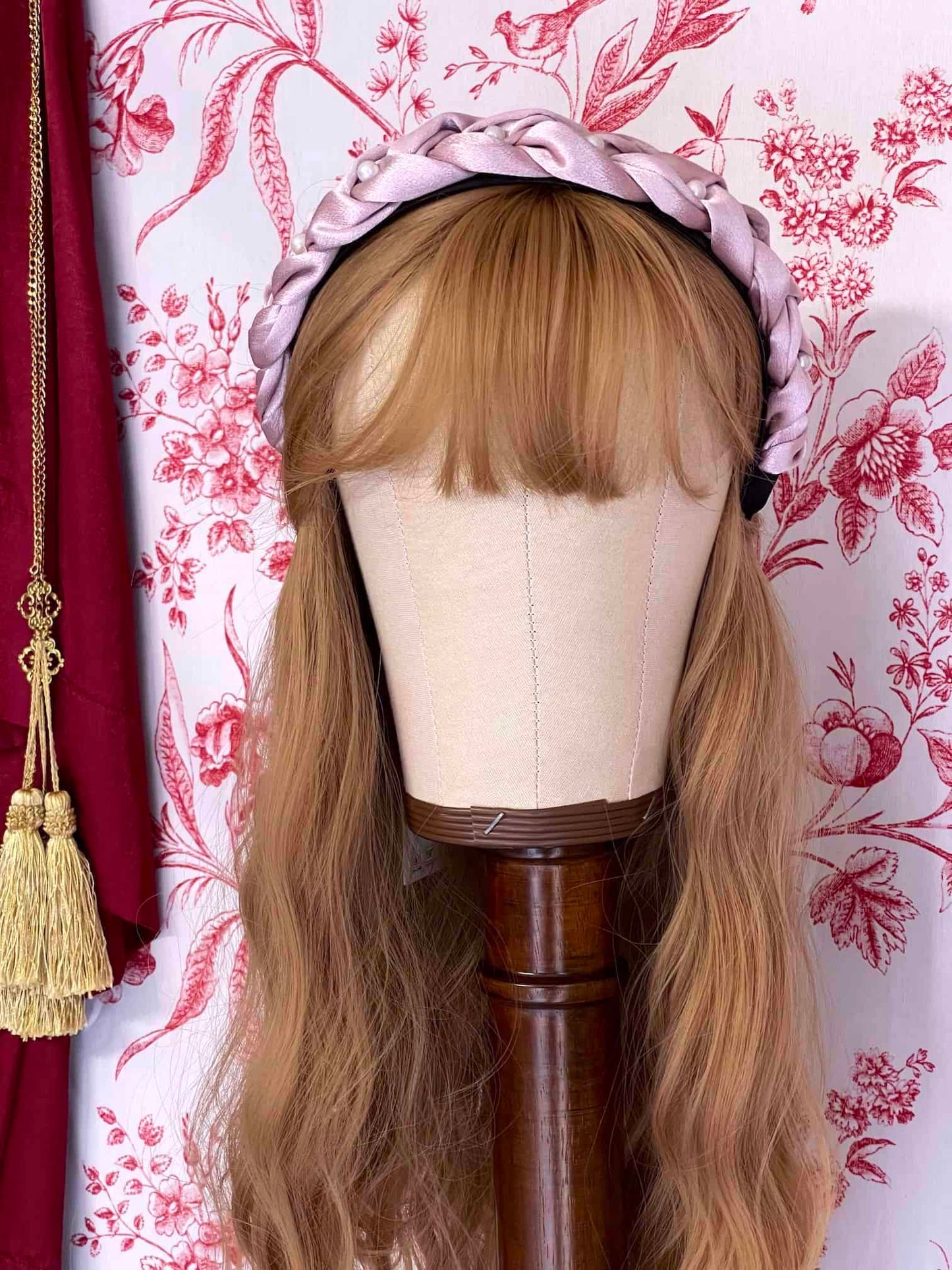 Historically Inspired Braided Satin Pearl Headband in Mauve for Edwardian, Victorian, Rococo, Regency, Baroque, and Renaissance fashion.