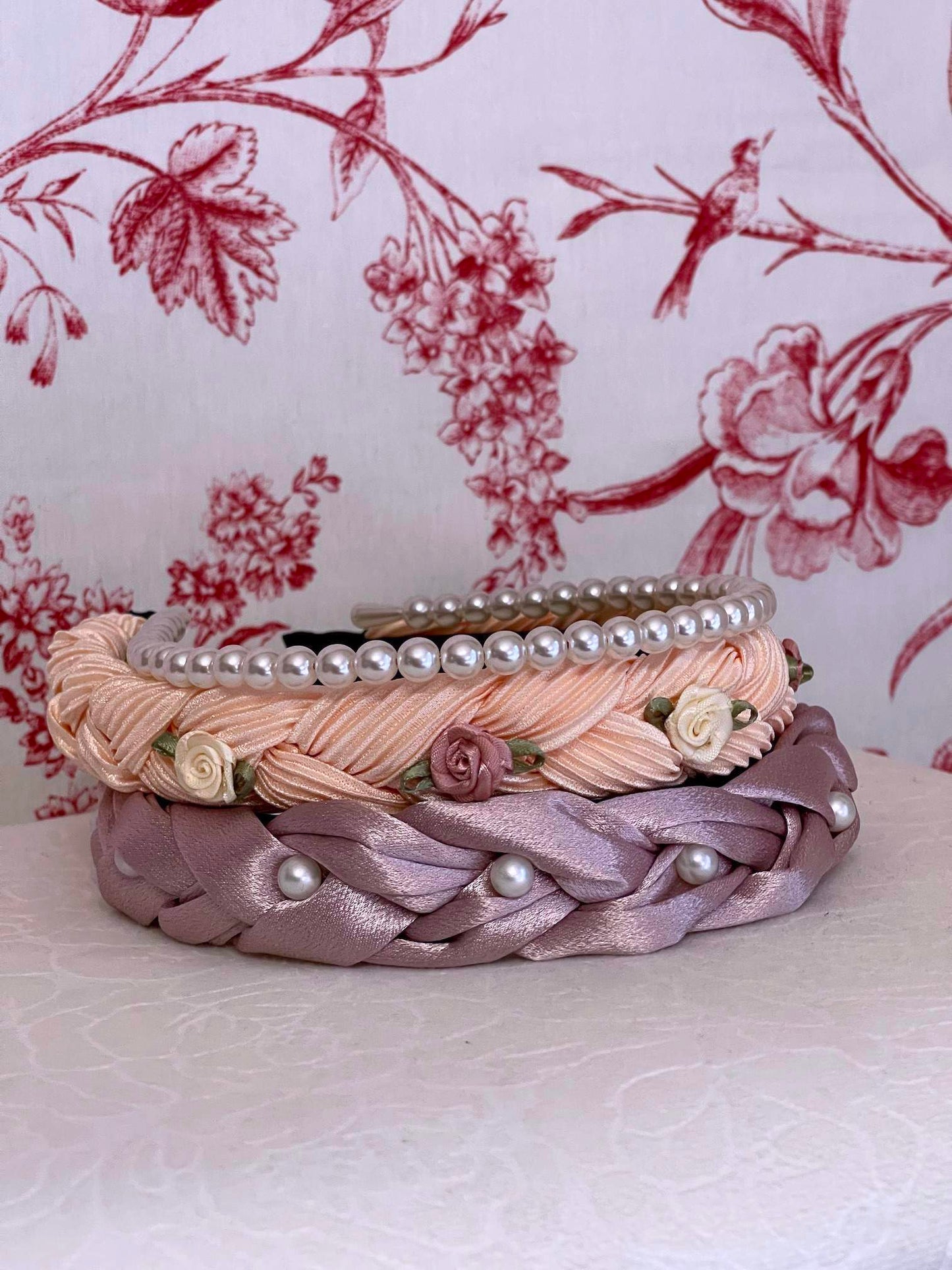 Historically Inspired Braided Satin Pearl Headband in Mauve for Edwardian, Victorian, Rococo, Regency, Baroque, and Renaissance fashion.