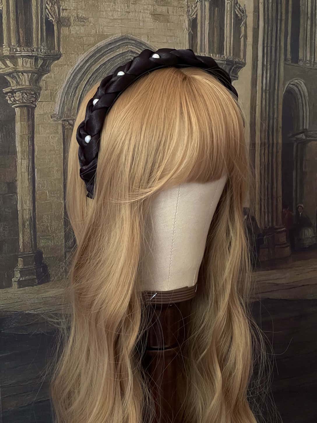 Historically Inspired renaissance and tudor style Braided Satin Pearl Headband in Gothic Black.