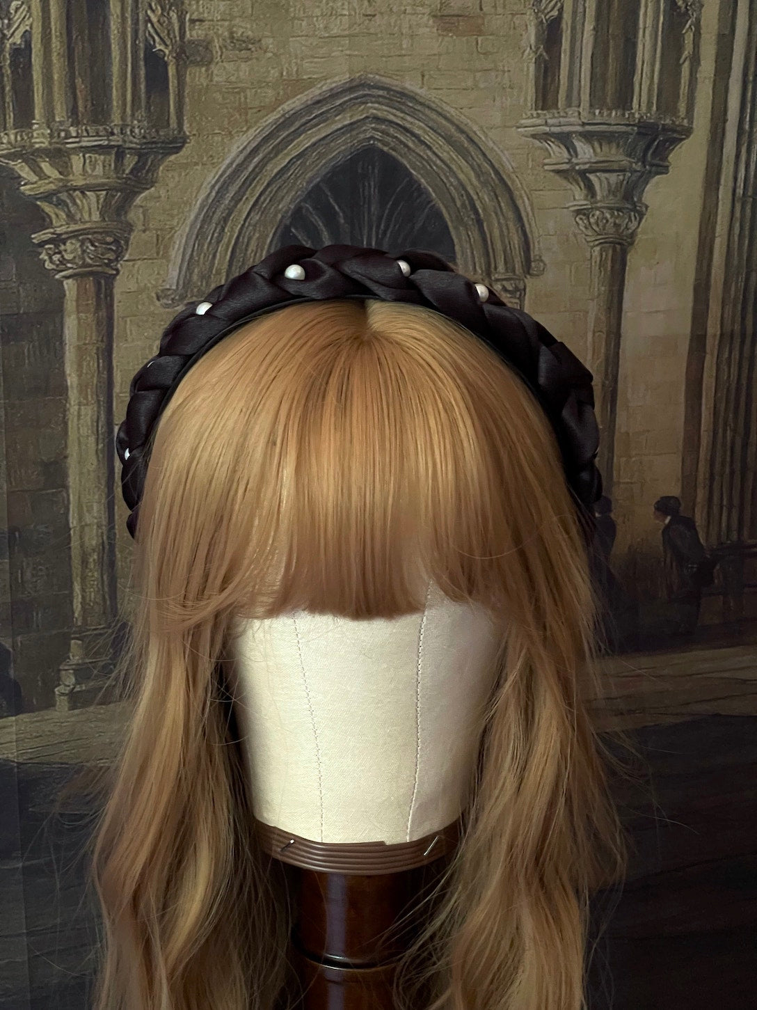 Historically Inspired renaissance and tudor style Braided Satin Pearl Headband in Gothic Black.