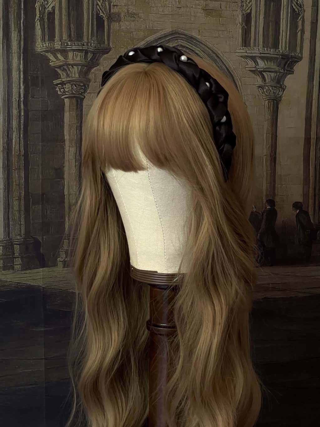 Historically Inspired renaissance and tudor style Braided Satin Pearl Headband in Gothic Black.