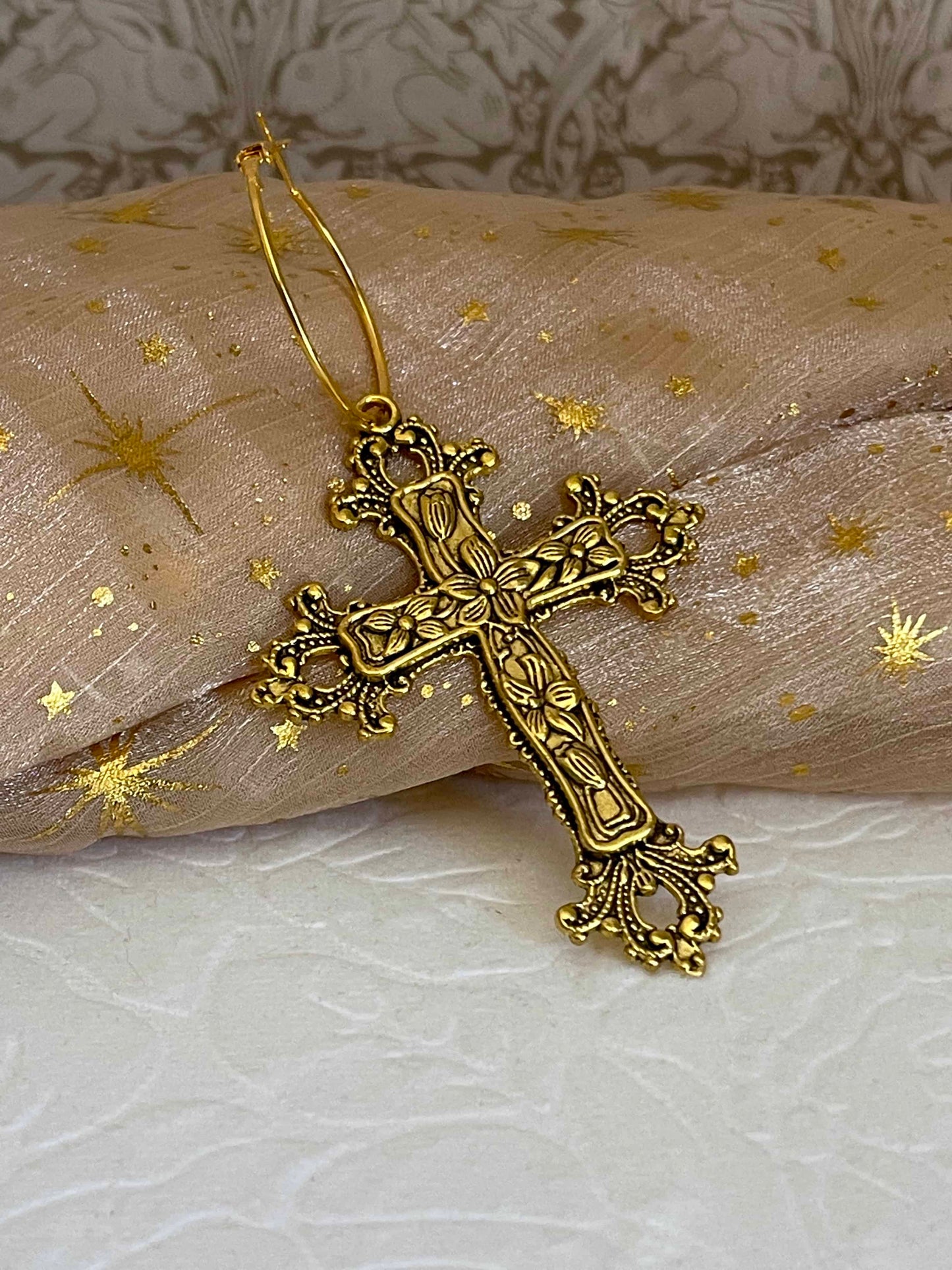 Historically inspired medieval renaissance baroque victorian large ornate metal cross earrings in gold. Floral design.