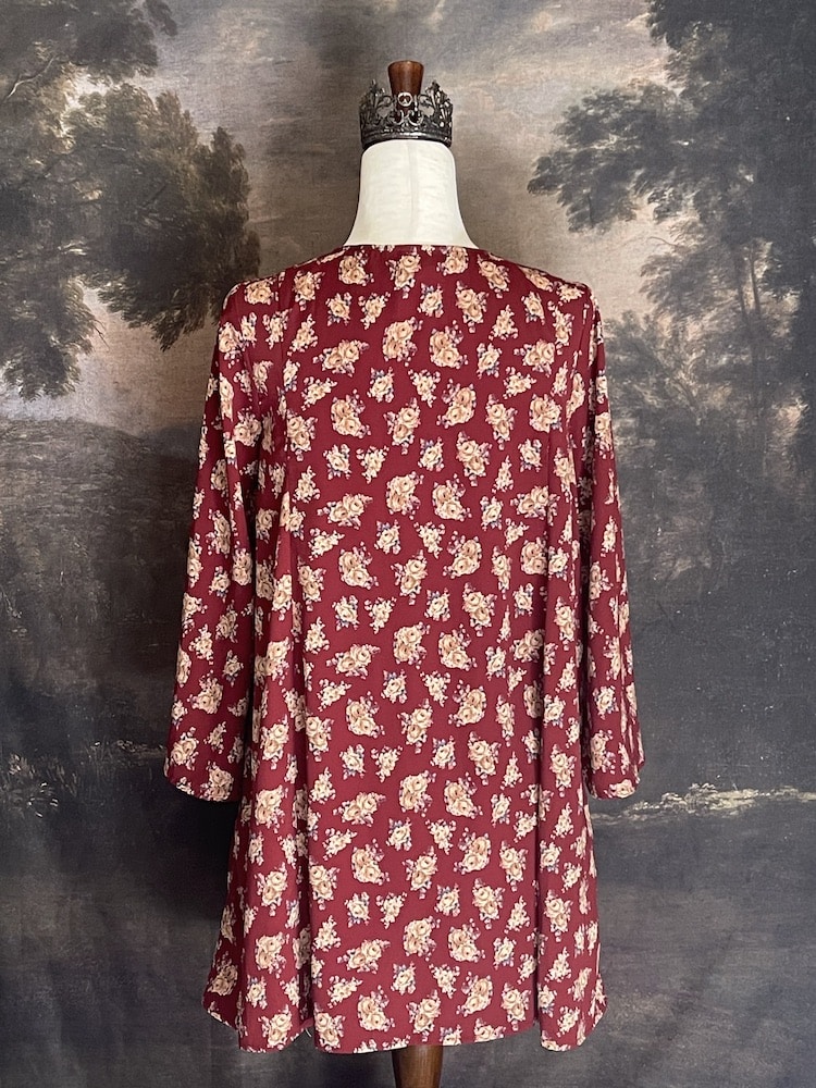 A Historically Inspired Bohemian Medieval Fantasy Burgundy Rose Print Lace-Up Bell Sleeve Tunic Dress