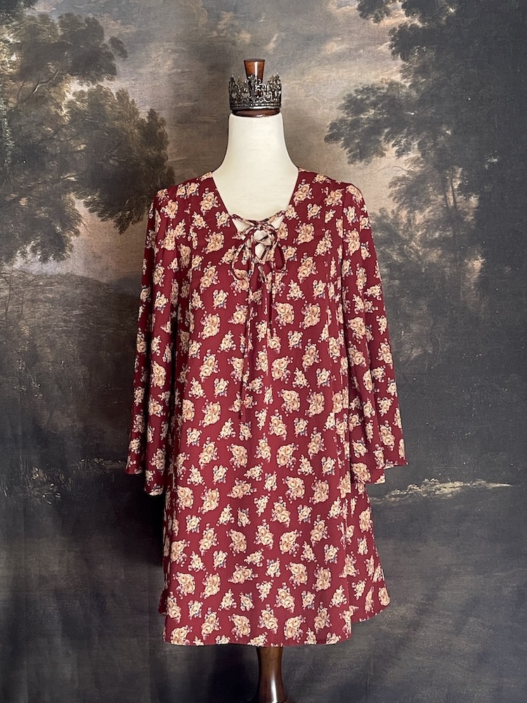 Historically Inspired Burgundy Rose Print Lace-Up Bell Sleeve Tunic Dress - Size M-L Historically Inspired Burgundy Rose Print Lace-Up Bell Sleeve Tunic Dress - Size M-L