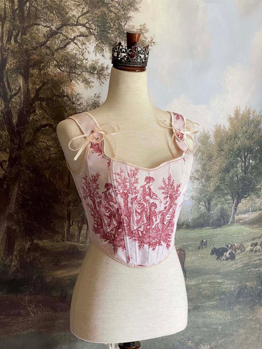 A Historically inspired pair of Baroque & Rococo Era Ivory and Red Countryside Toile de juoy Corset Stays.