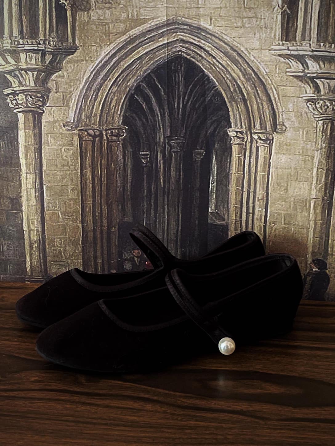 Historically Inspired Renaissance Style Velvet Slipper mary jane Flats in Gothic Black, historical shoes.