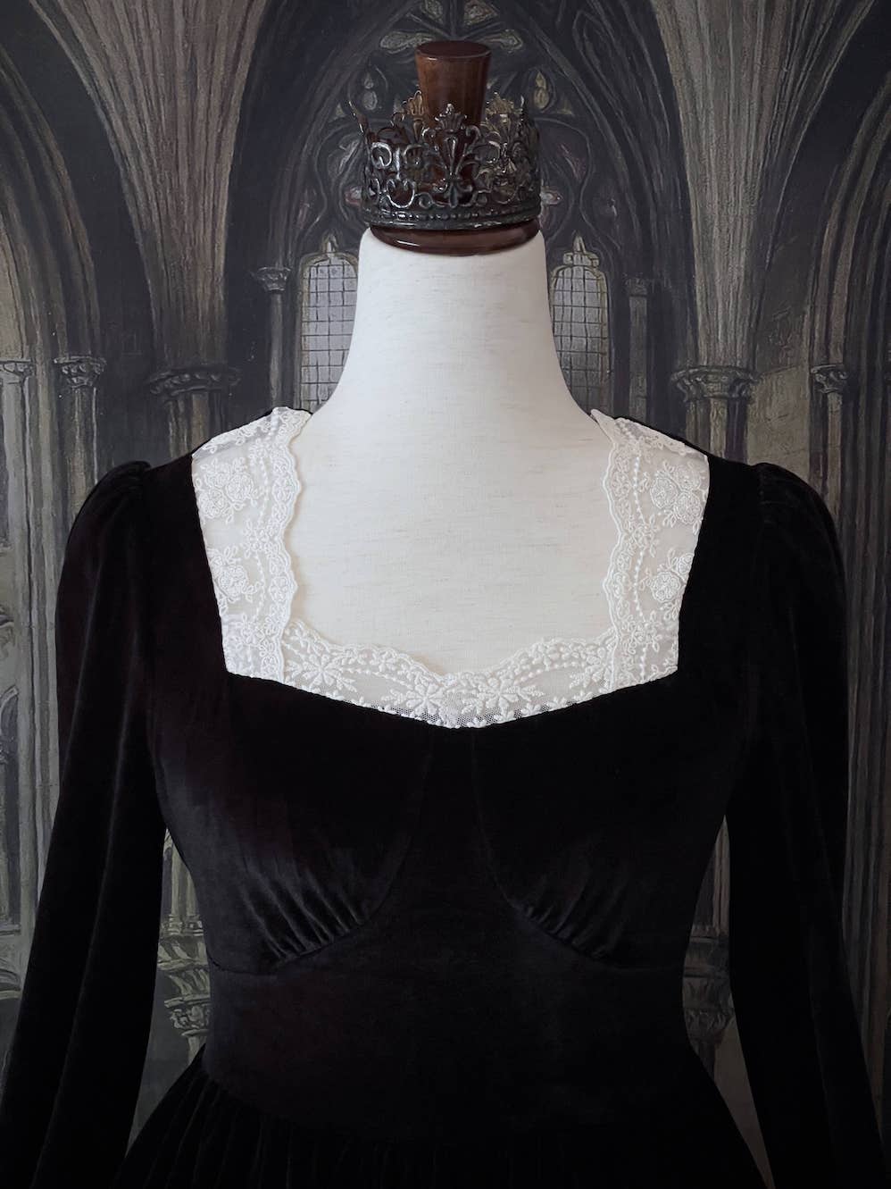 A Historically Inspired Tudor Fashion inspired Bustier Midi-maxi Dress with Lace Trim and bishop sleeves in Gothic Black Velvet