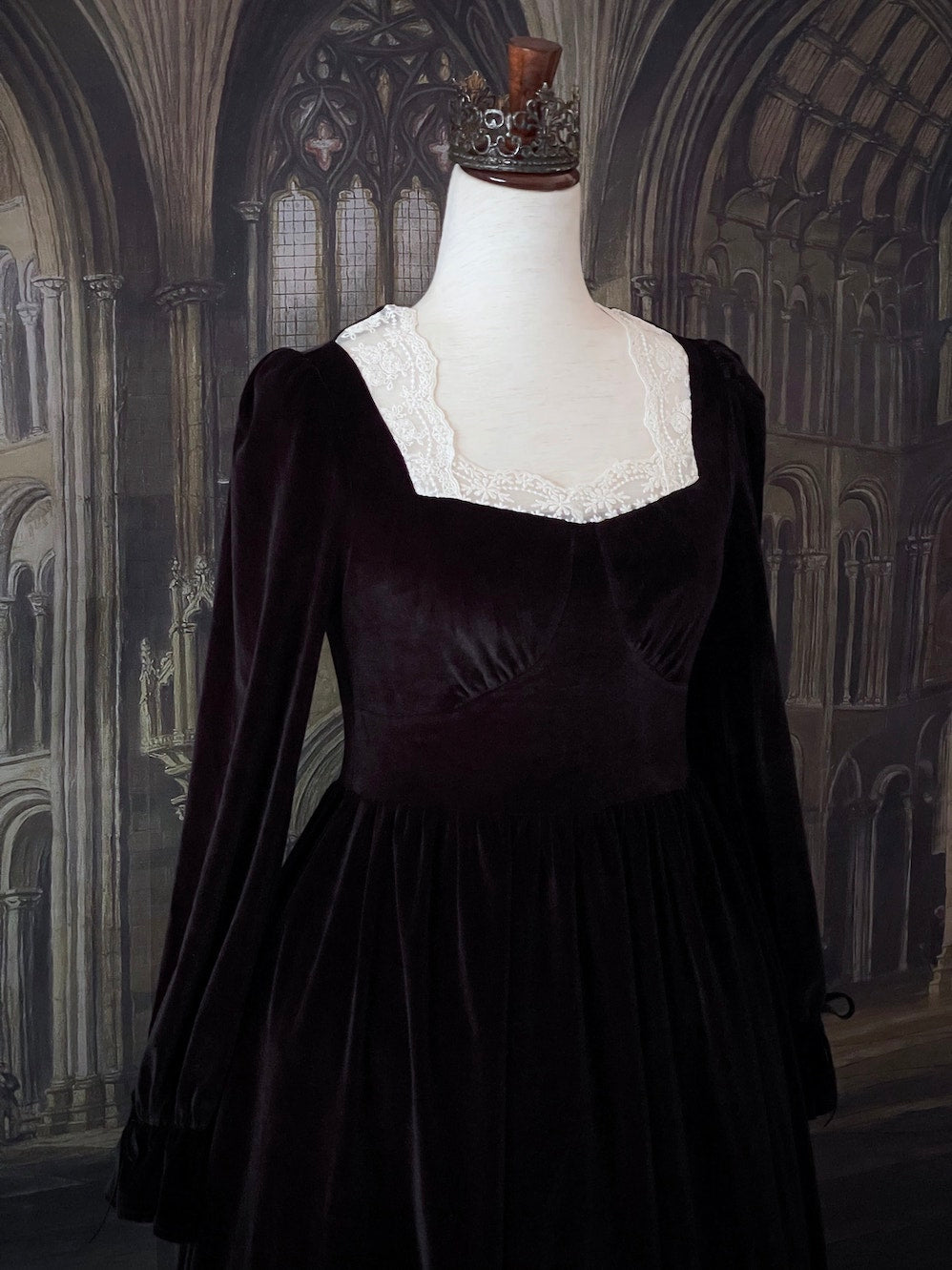A Historically Inspired Tudor Fashion inspired Bustier Midi-maxi Dress with Lace Trim and bishop sleeves in Gothic Black Velvet