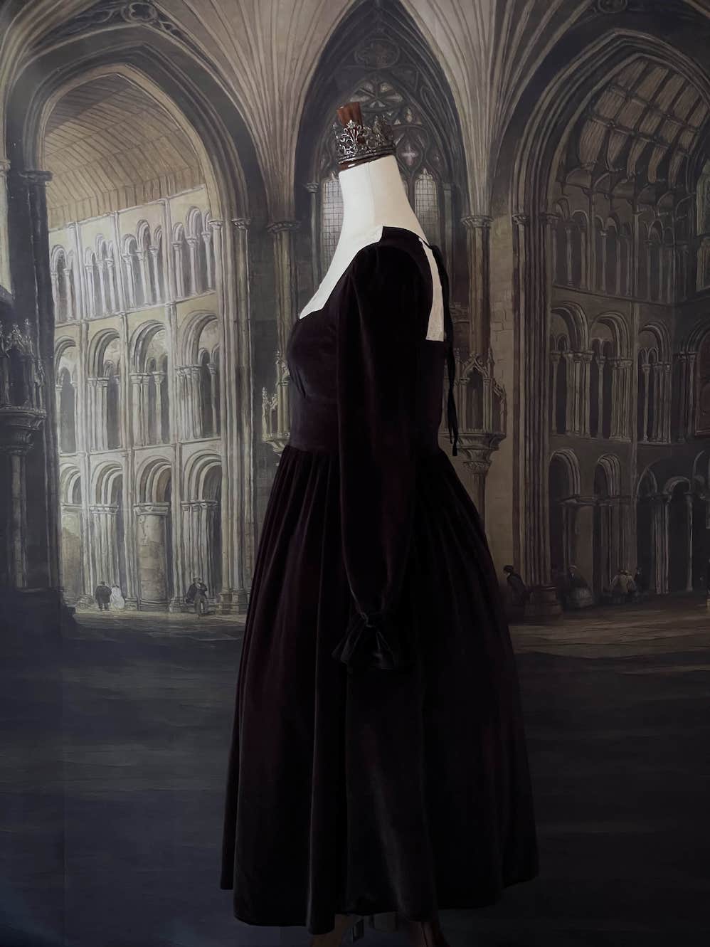 A Historically Inspired Tudor Fashion inspired Bustier Midi-maxi Dress with Lace Trim and bishop sleeves in Gothic Black Velvet