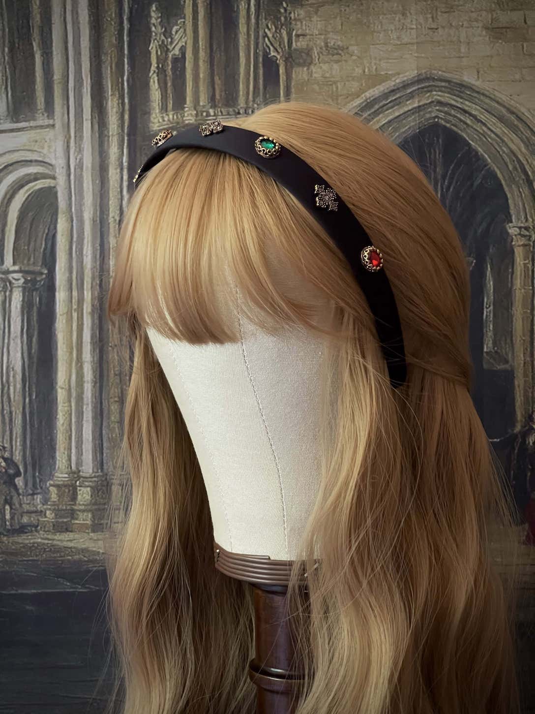 Medieval & Renaissance Inspired Jeweled Headband in Gothic Black Satin.