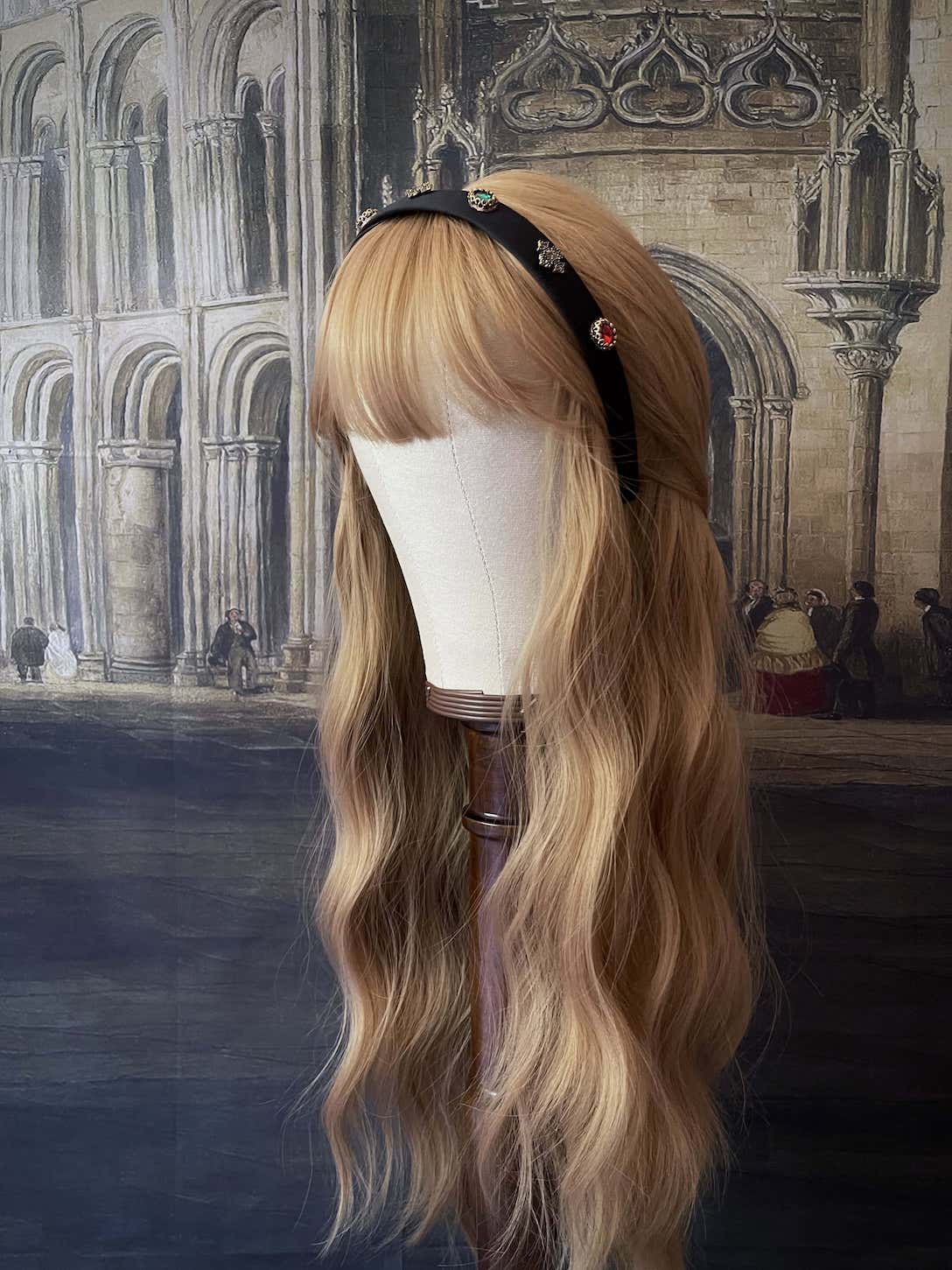 Medieval & Renaissance Inspired Jeweled Headband in Gothic Black Satin.